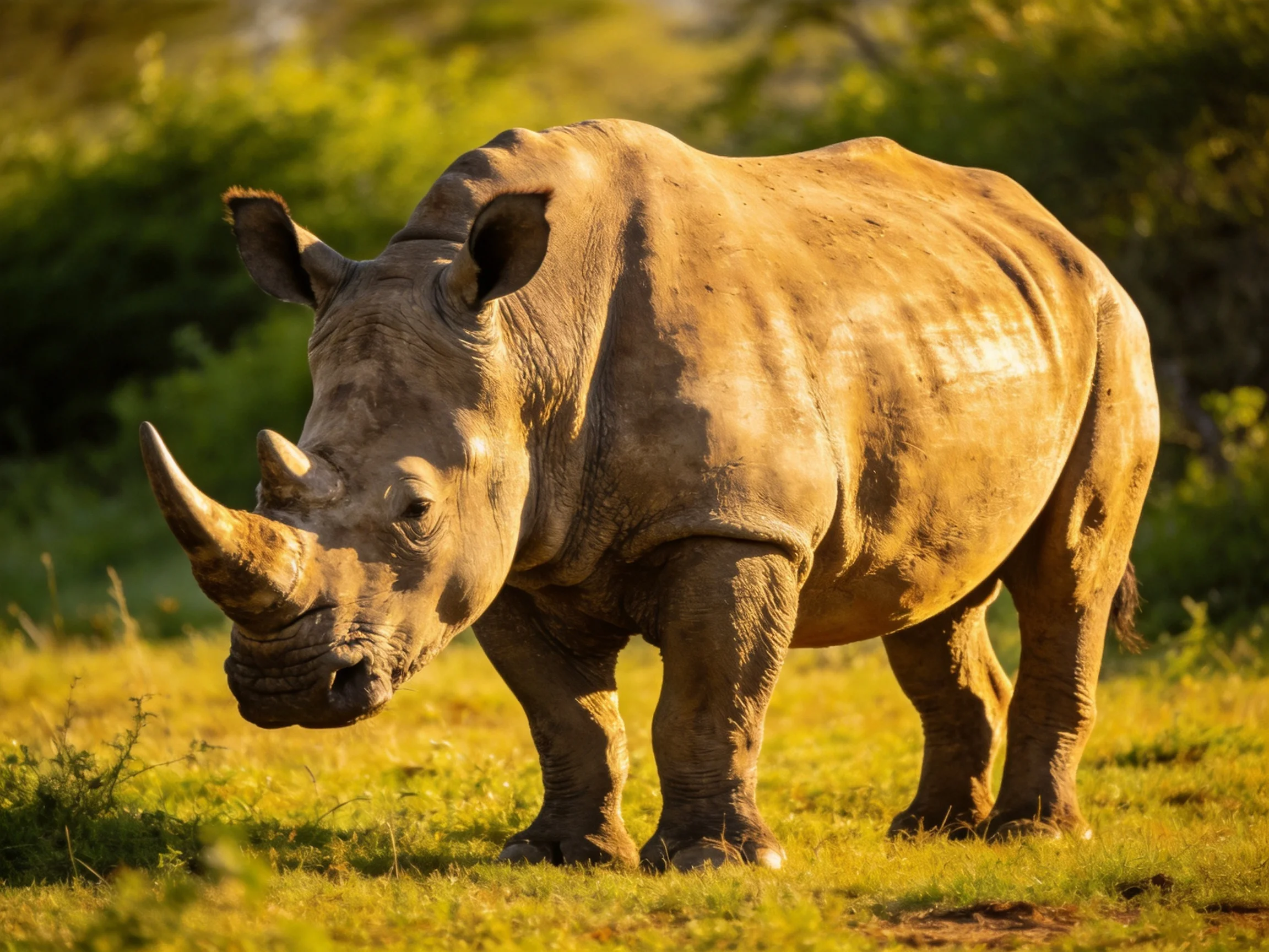 A robust white rhinoceros stands in golden savannah grass