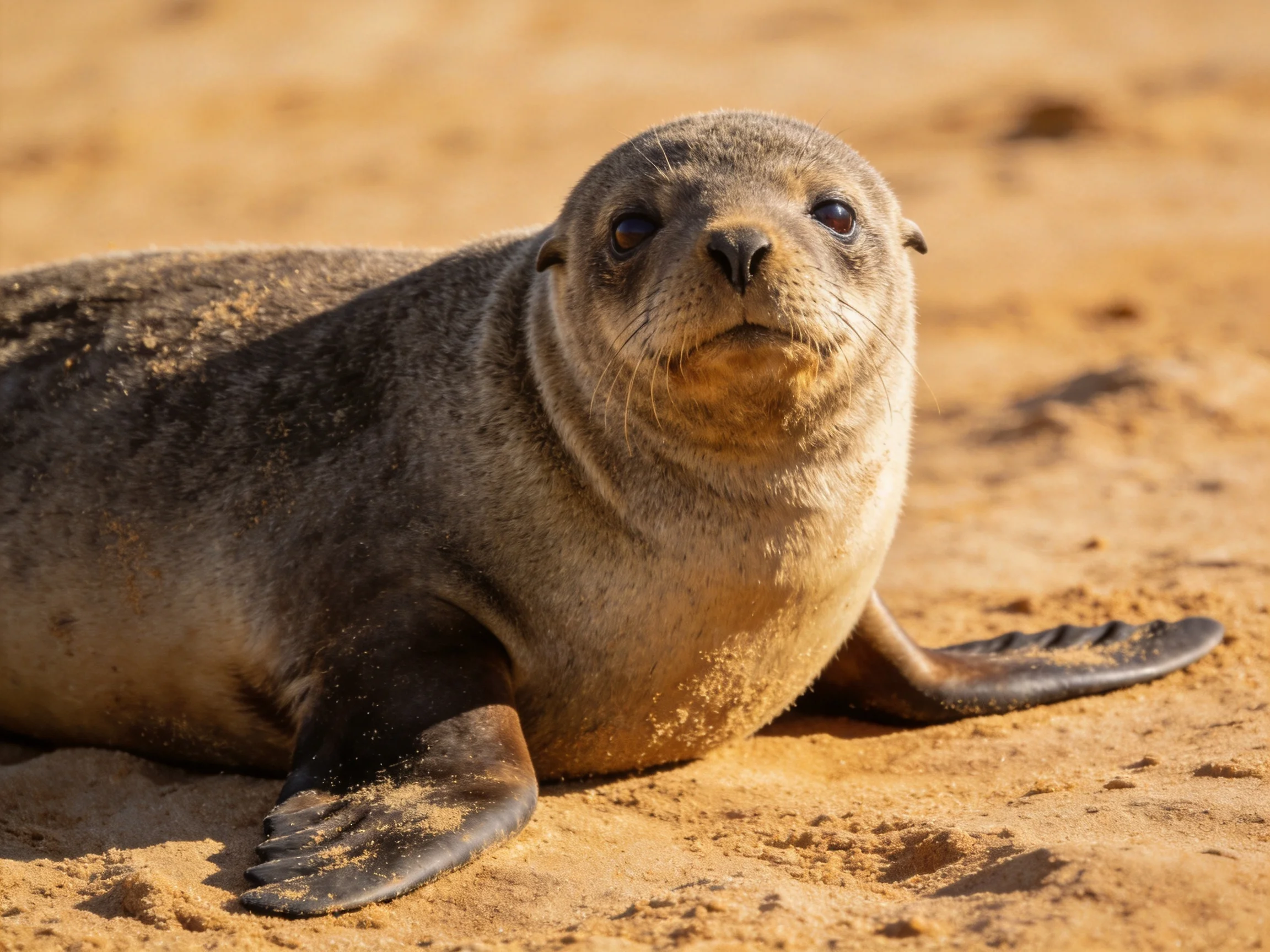 A brown-gray seal rests on sandy ground under sunlight.