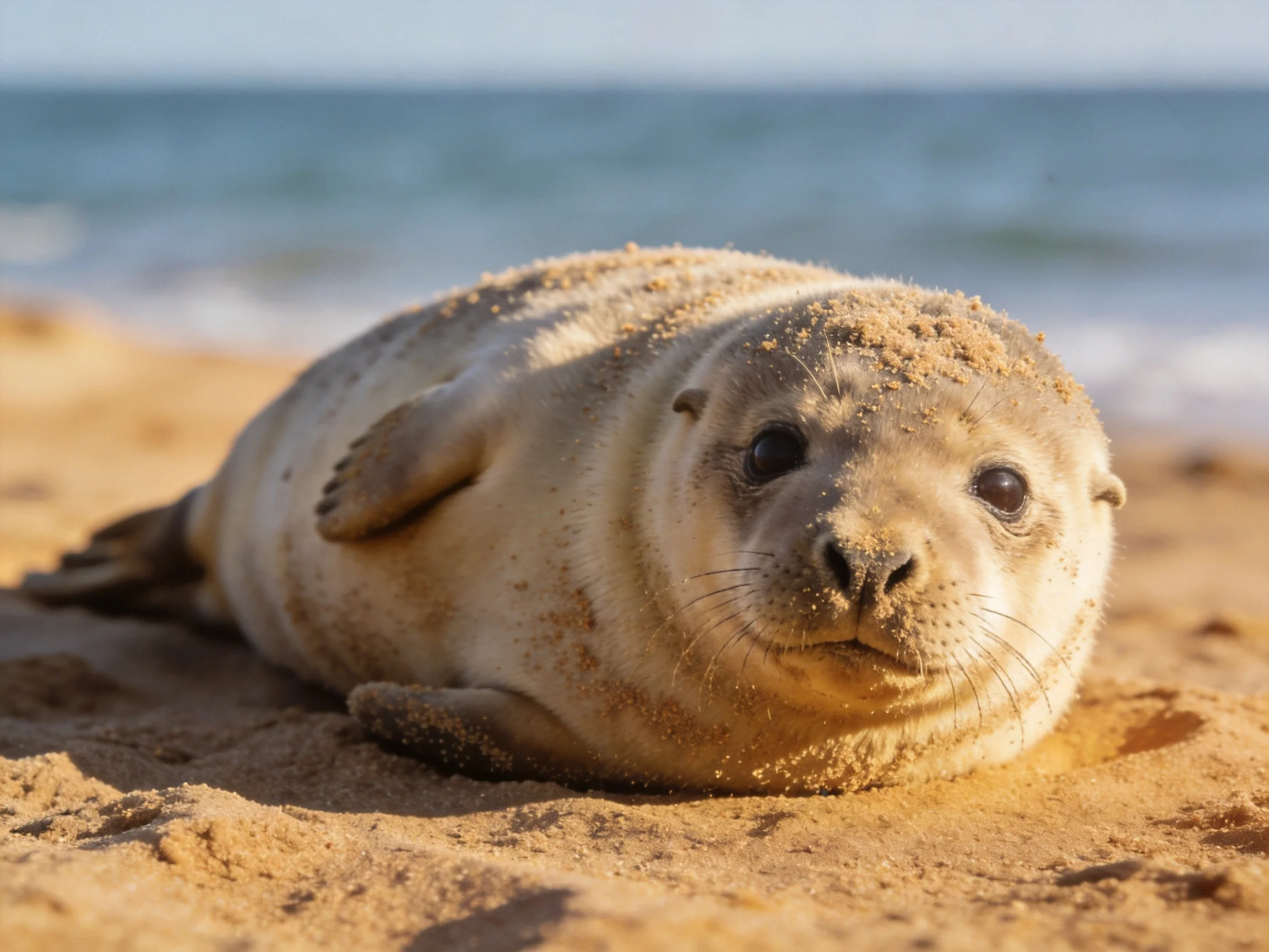 A sandy beach with a light - colored seal resting near ocean waves