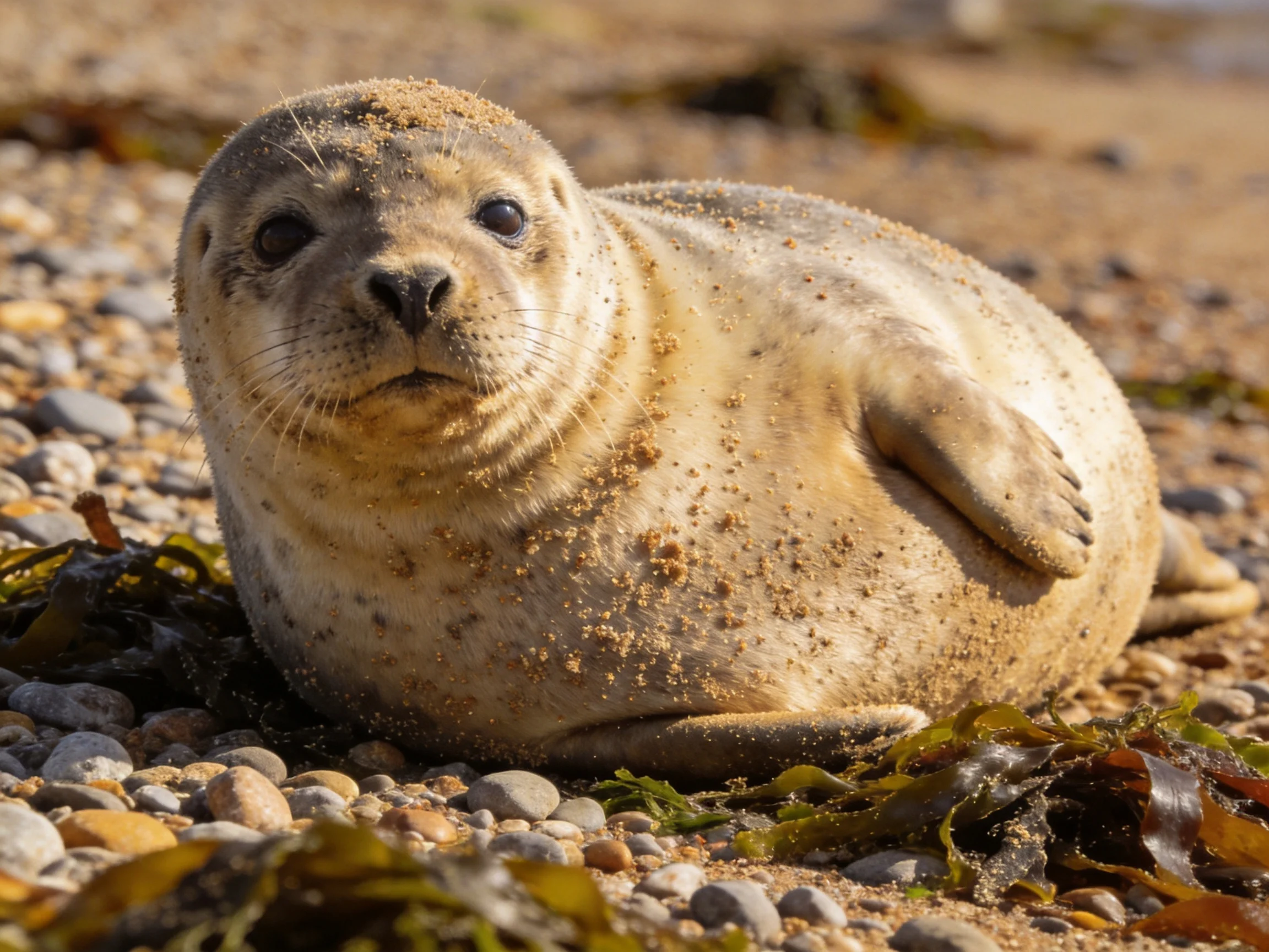 A sandy-coated seal relaxes on a pebbly beach near seaweed