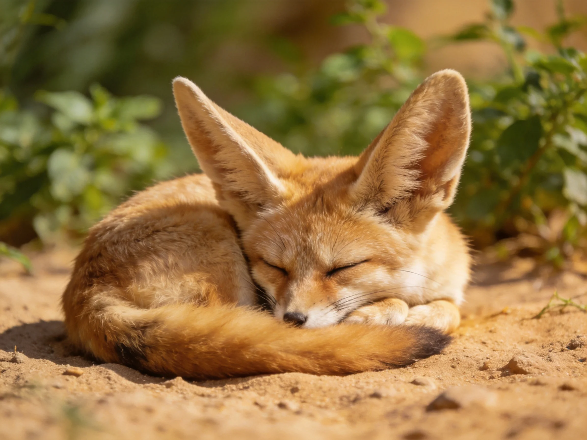 A sandy landscape holds a resting fennec fox with large ears