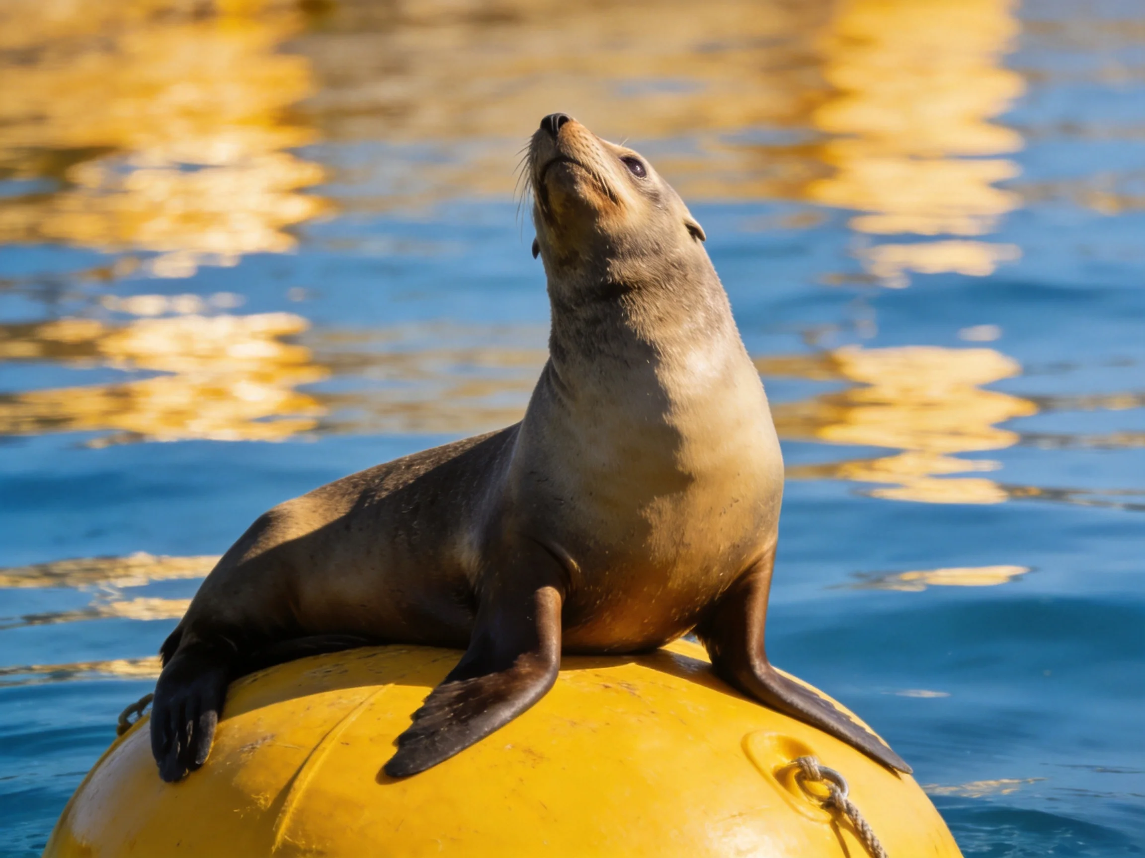 A sea lion rests atop a bright yellow buoy near shimmering blue waters