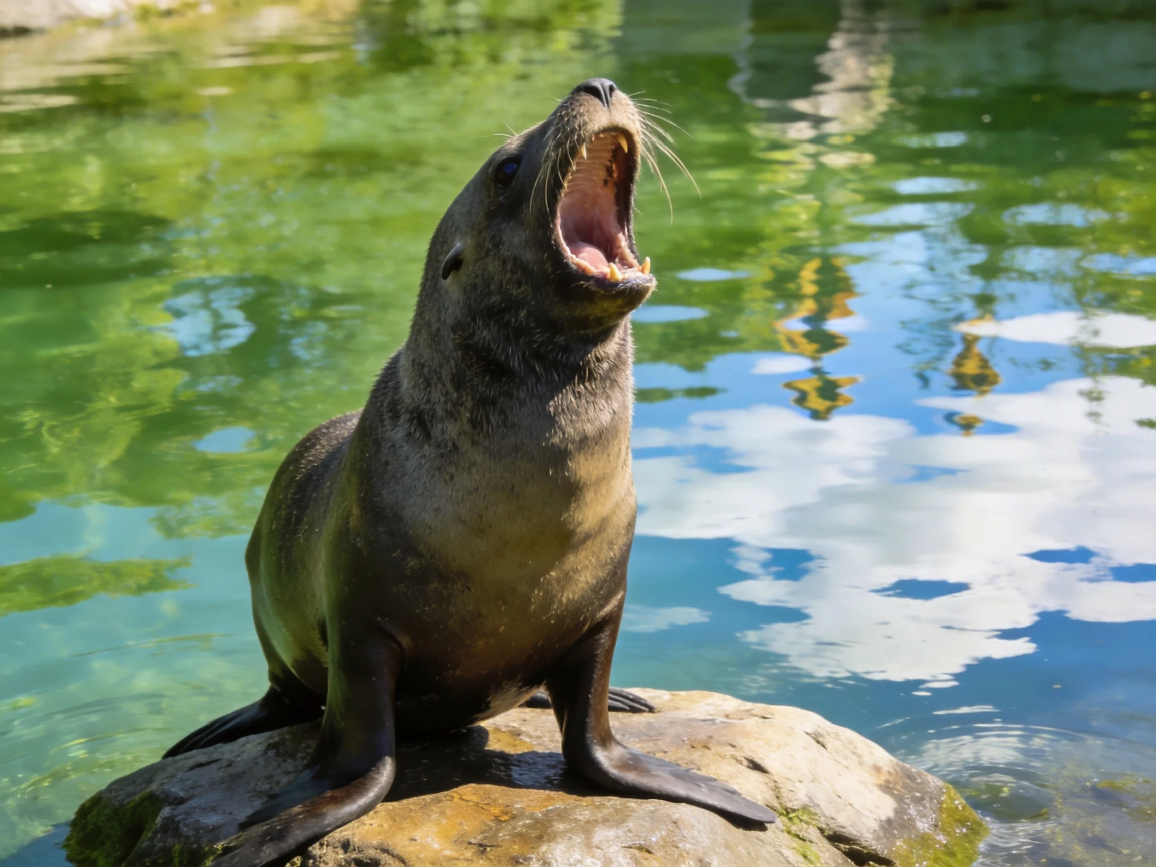 A sea lion sits on a rock by water with its mouth open