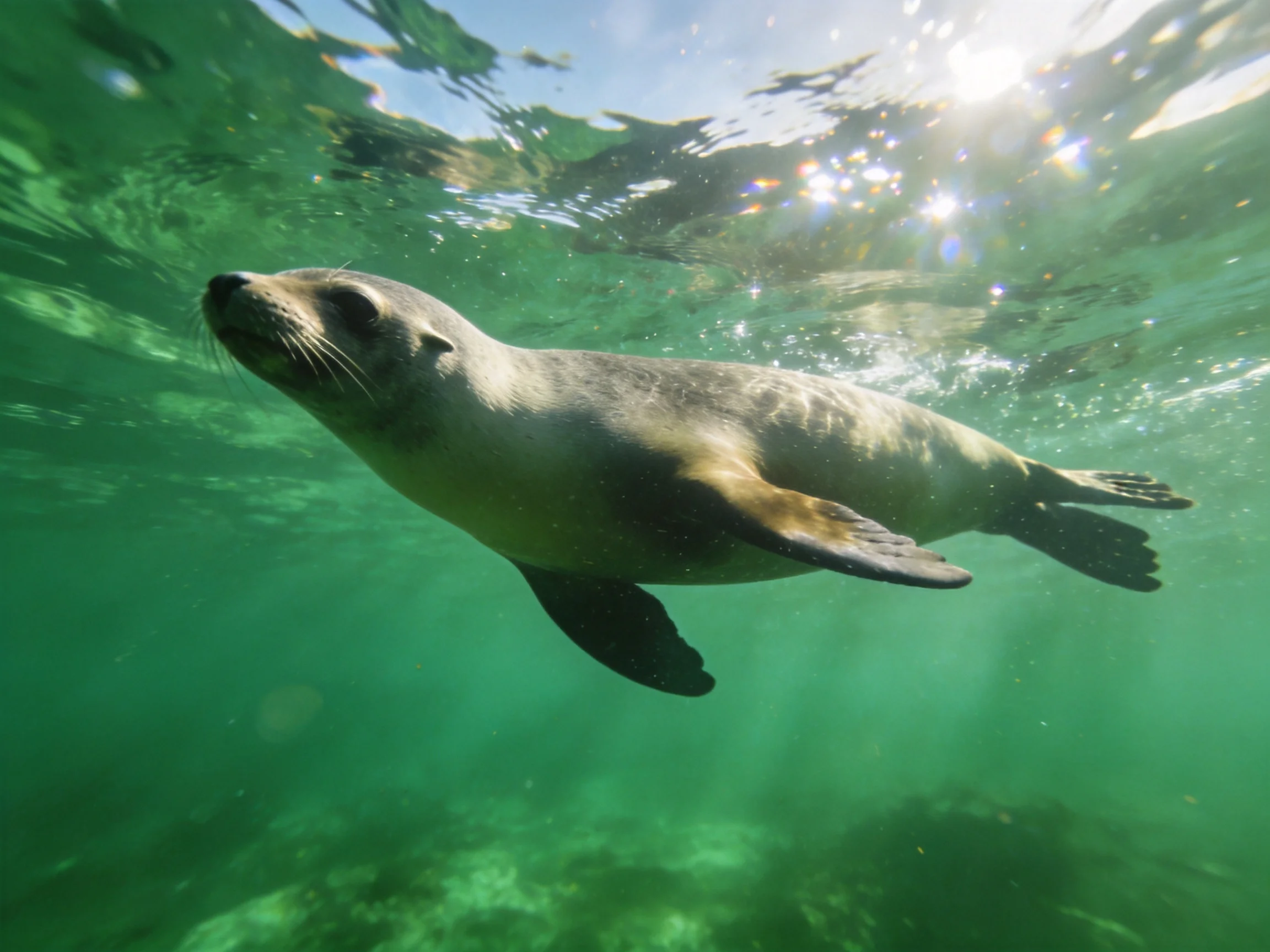 A sea lion swims gracefully in clear turquoise waters with sunlight filtering down
