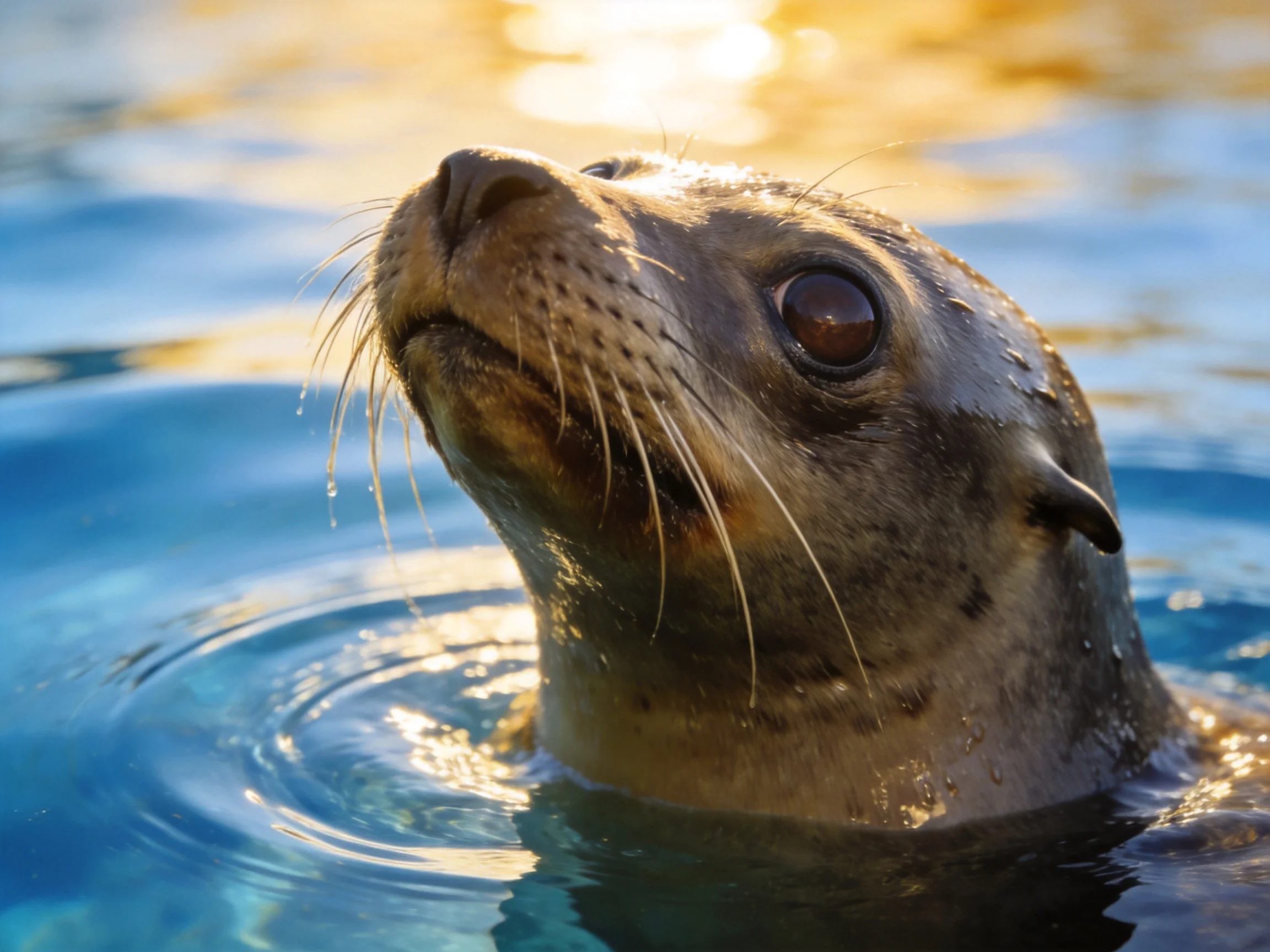 A sea lions head emerges from glistening blue water