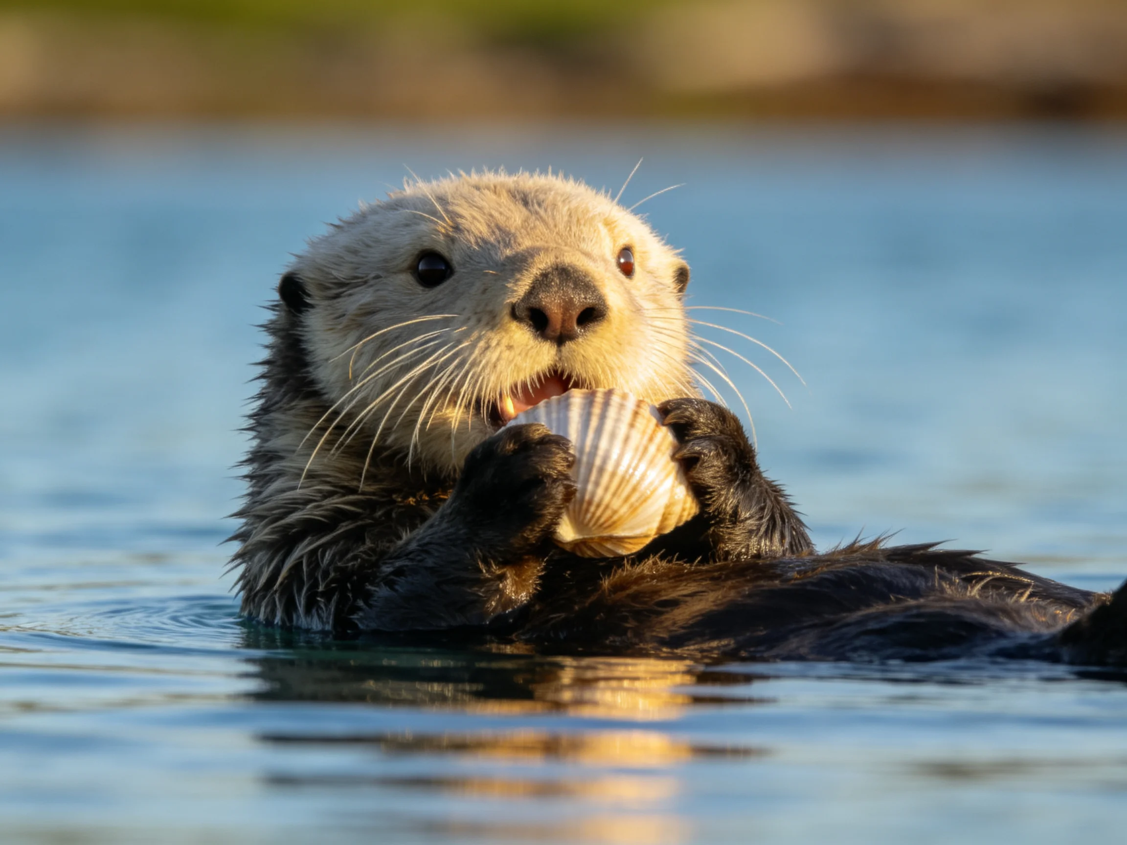 A sea otter holds a seashell while floating in water
