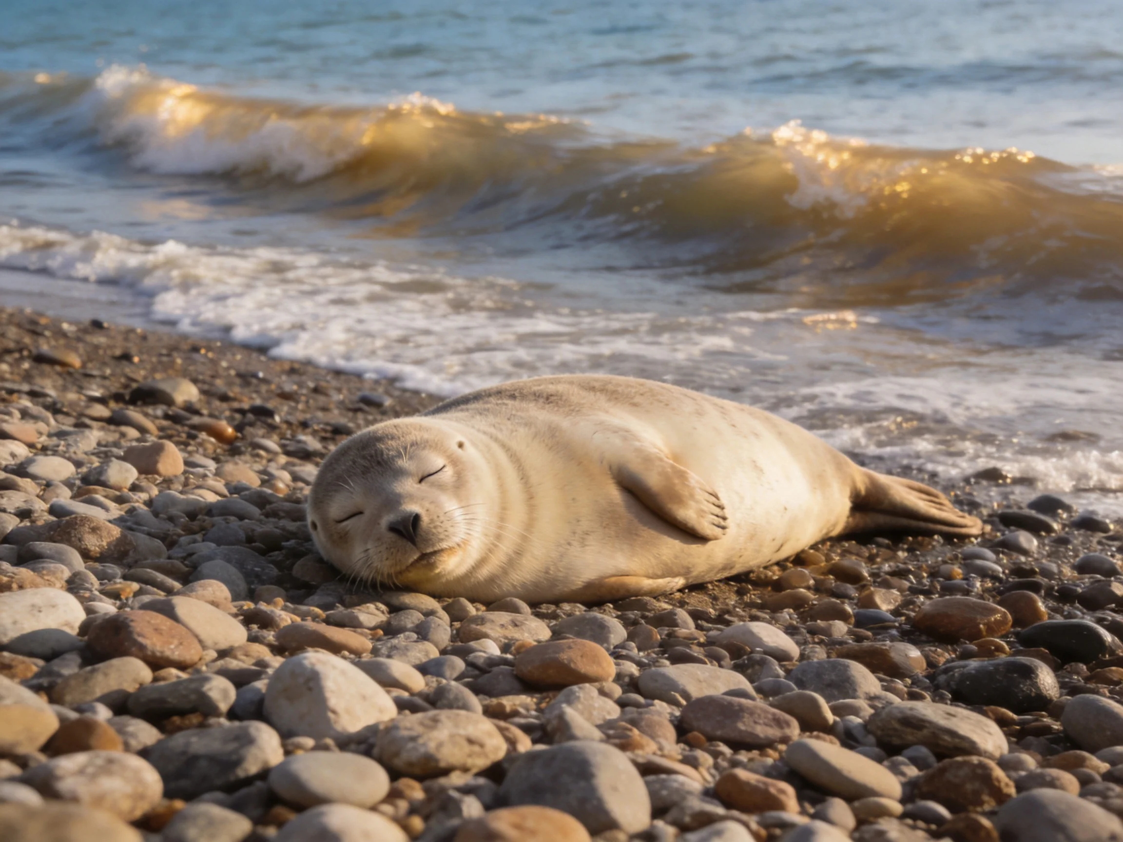 A seal rests on a pebbly shore with rolling waves
