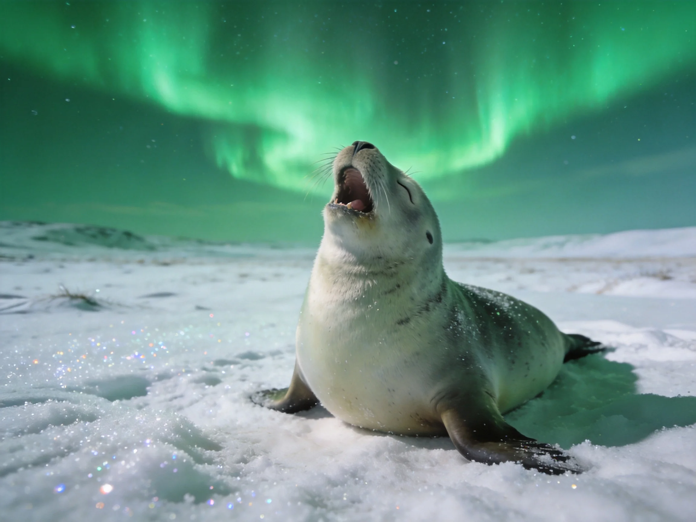 A seal rests on snowy terrain beneath vibrant green northern lights