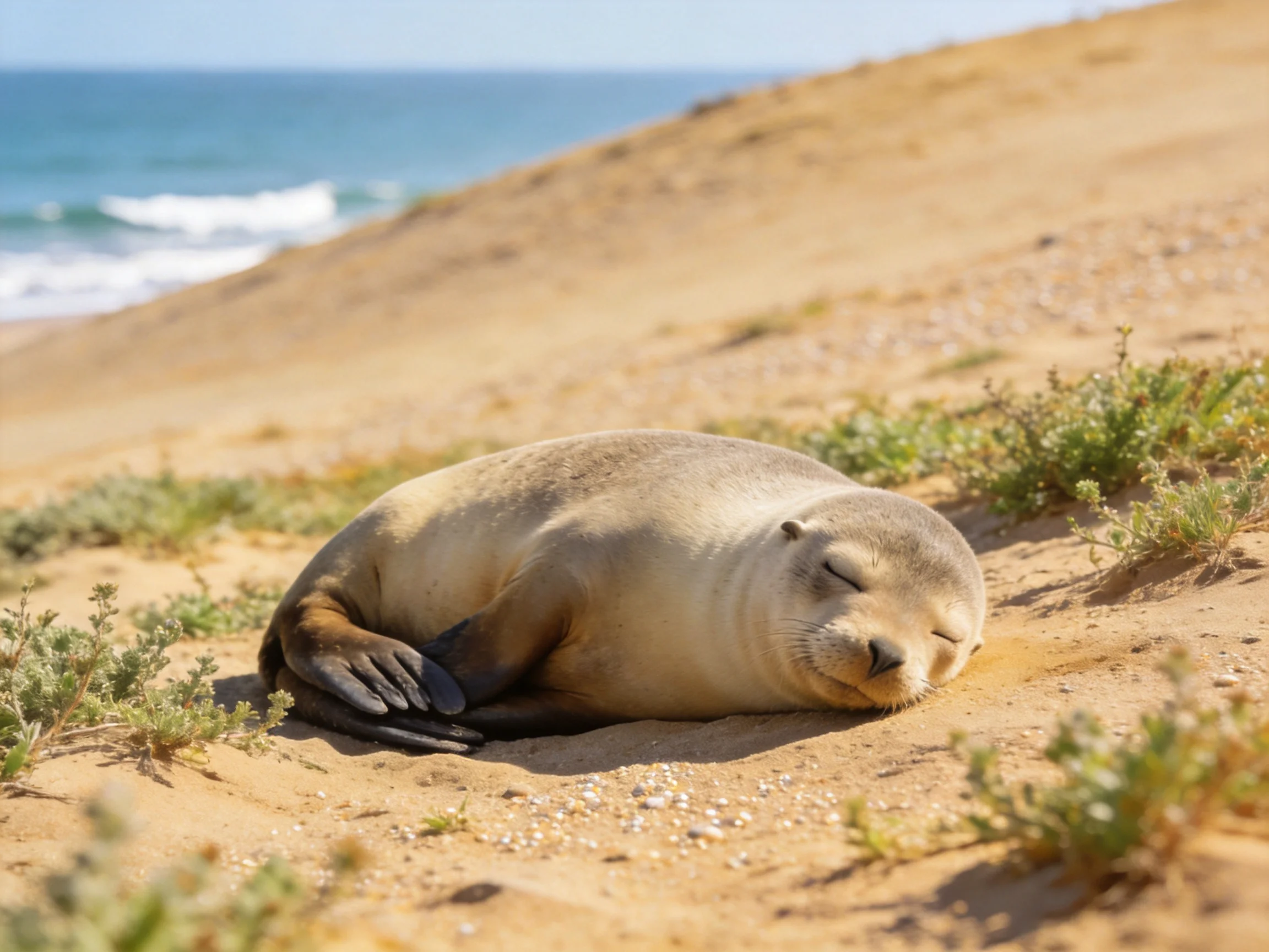 A seal rests peacefully on a sunlit sandy beach near the ocean