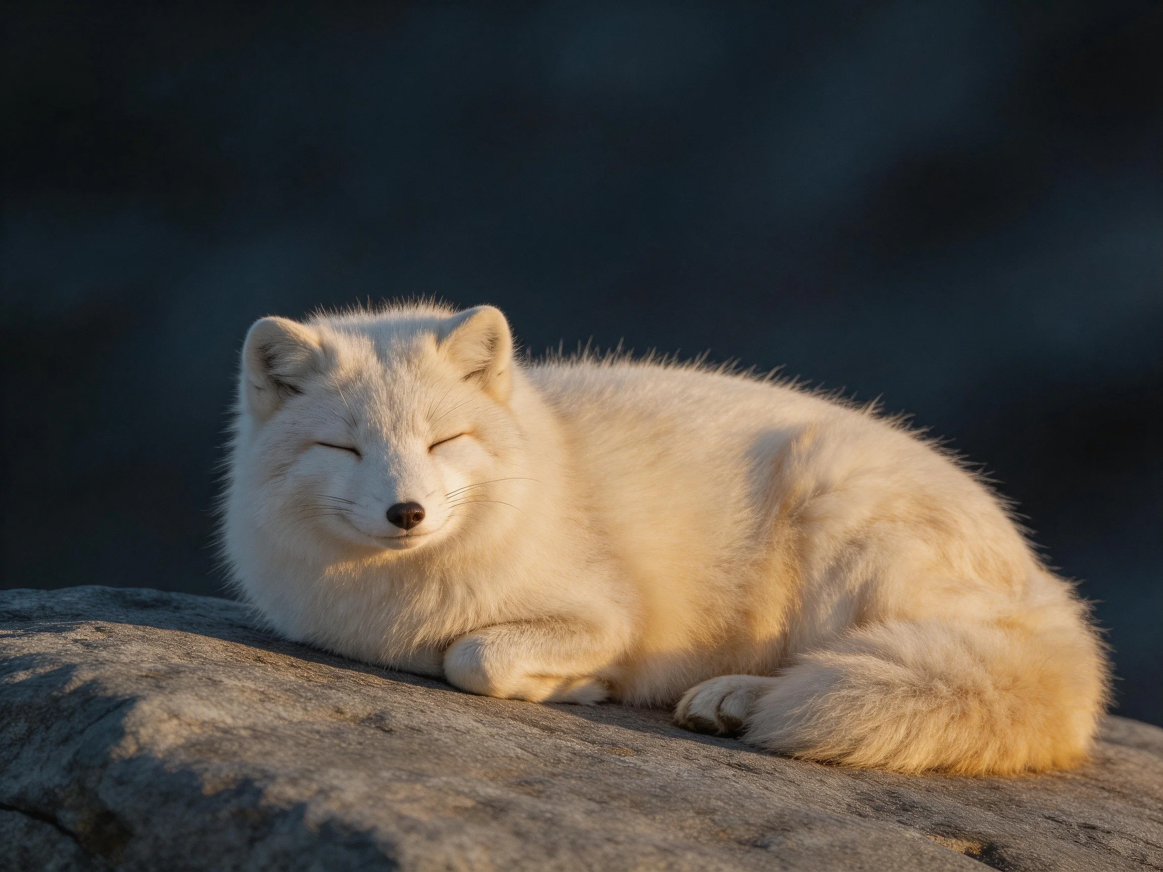 A serene arctic fox rests on a weathered gray rock in soft golden light