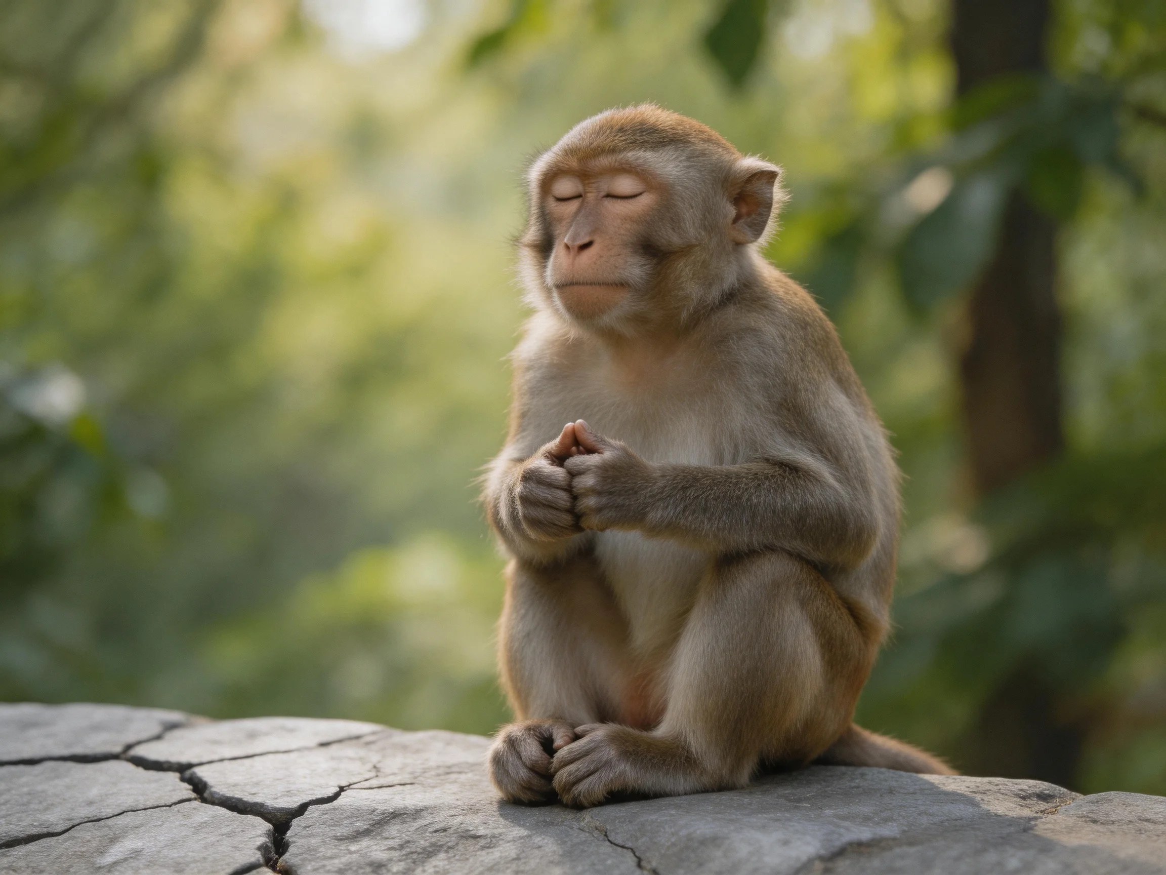 A serene brown monkey meditates on a cracked gray rock amid lush green foliage
