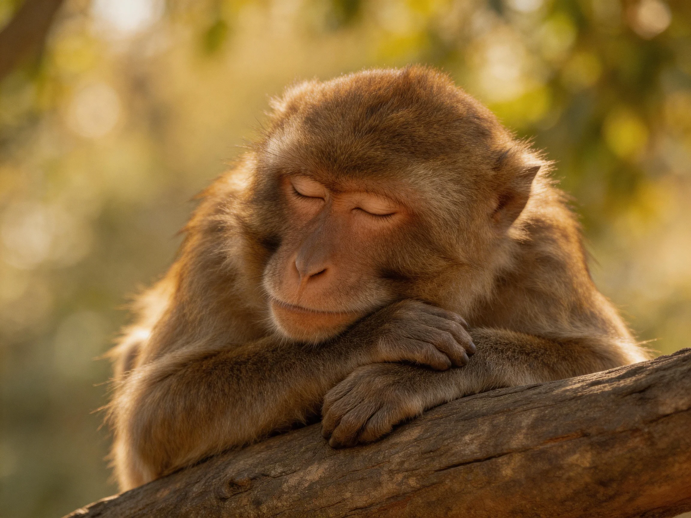 A serene brown monkey rests on a weathered tree branch amid soft, golden foliage