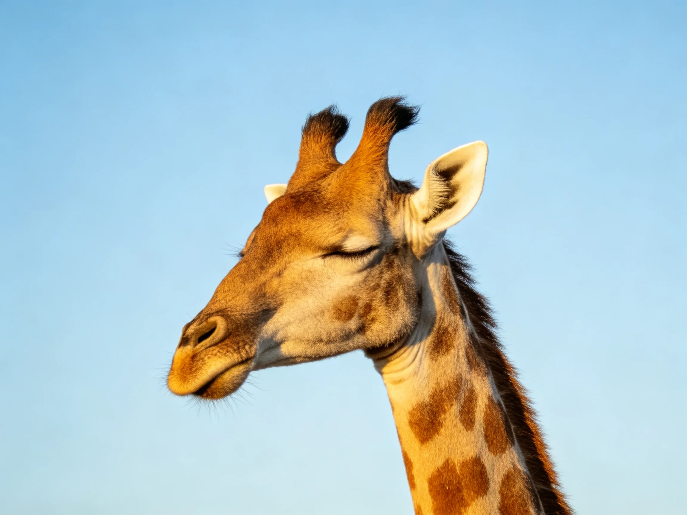 A close - up of a giraffe with closed eyes is set against a clear blue sky.