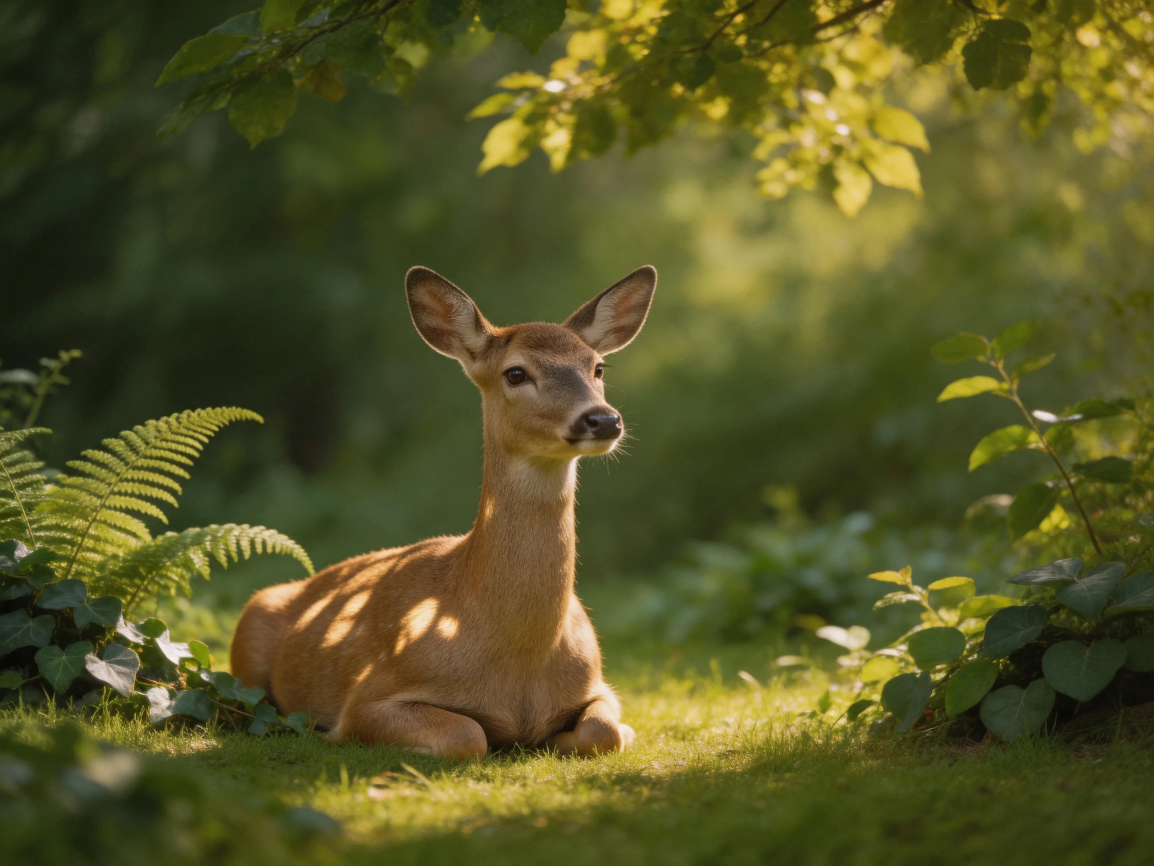 A serene deer resting amid lush green foliage in a sun-dappled forest