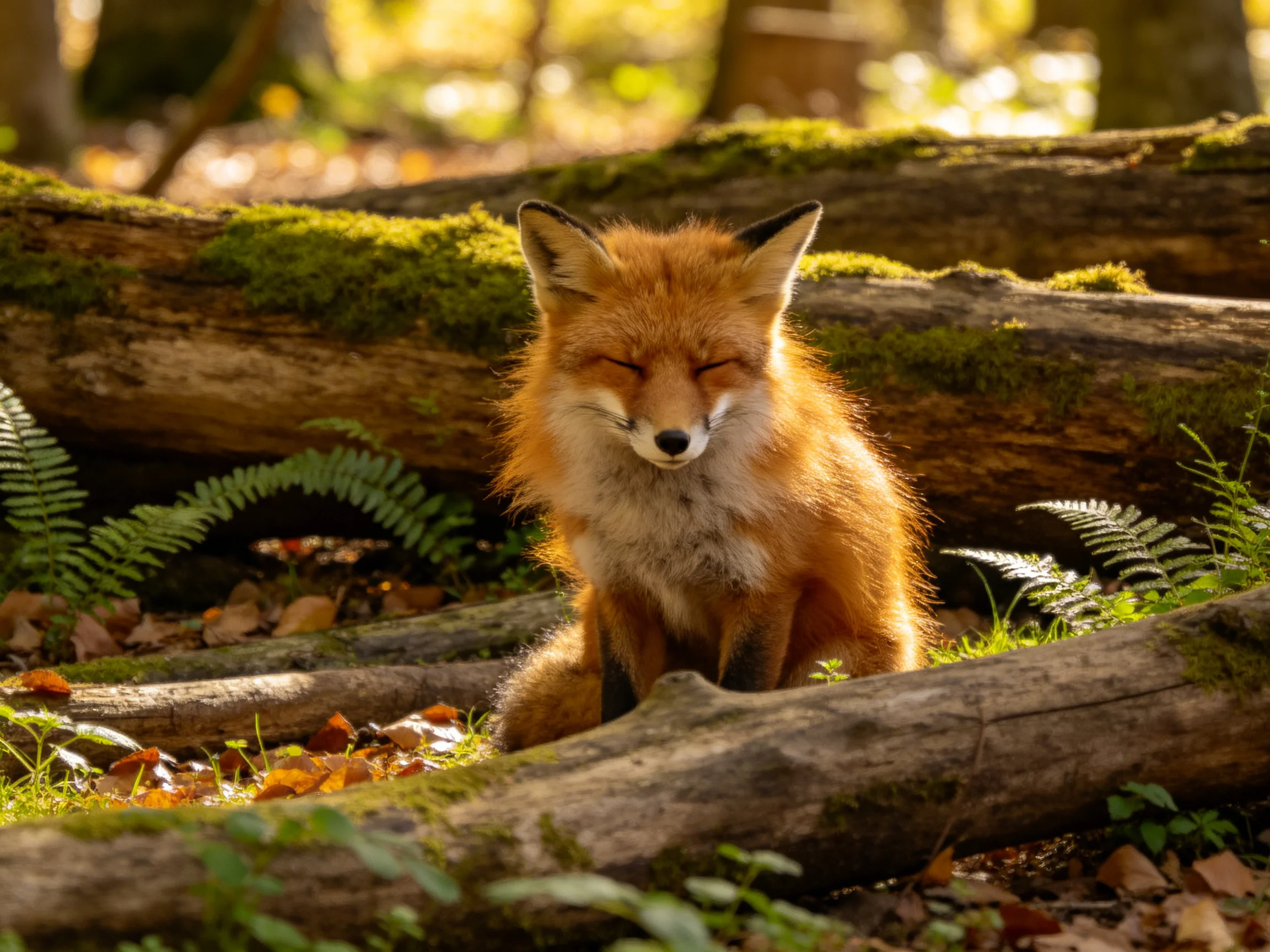 A serene fox rests amid moss-covered logs and ferns in golden light