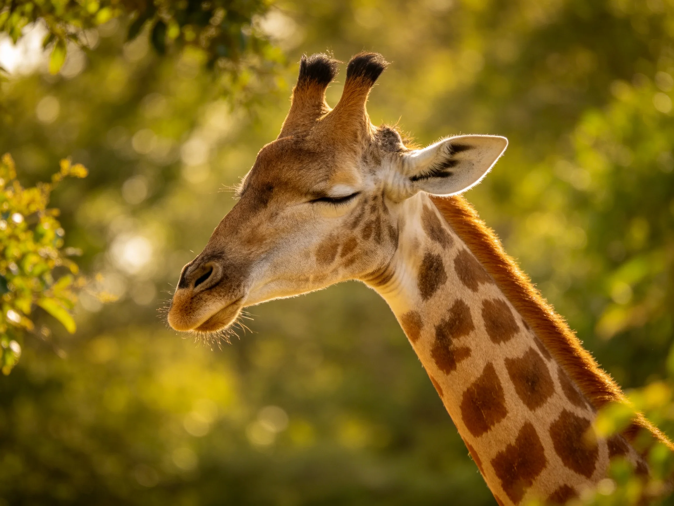 A serene giraffe with closed eyes amid golden foliage and soft sunlight
