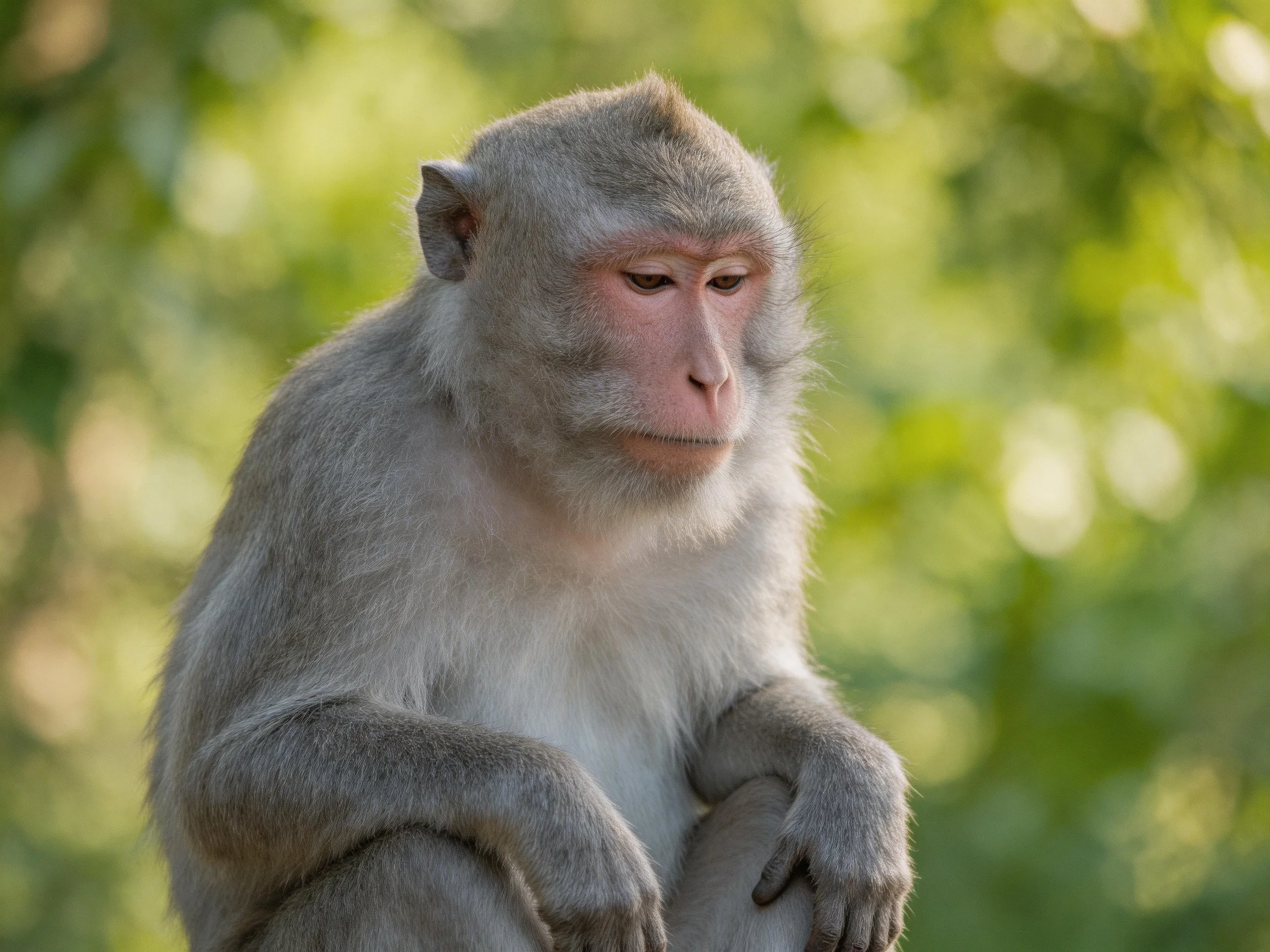 A serene gray monkey sits amidst soft-focus green foliage