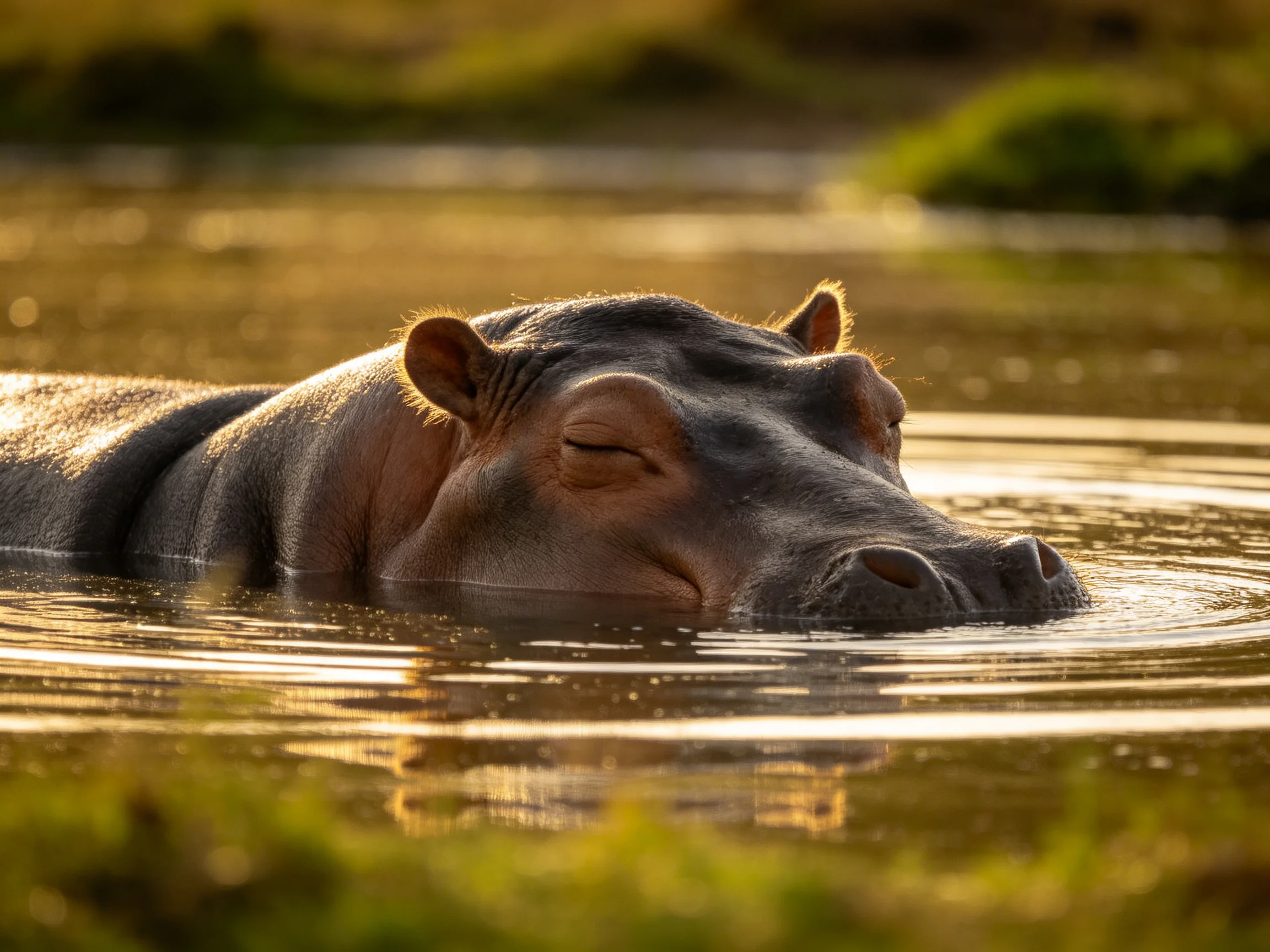 A serene hippopotamus resting in golden-hued waters