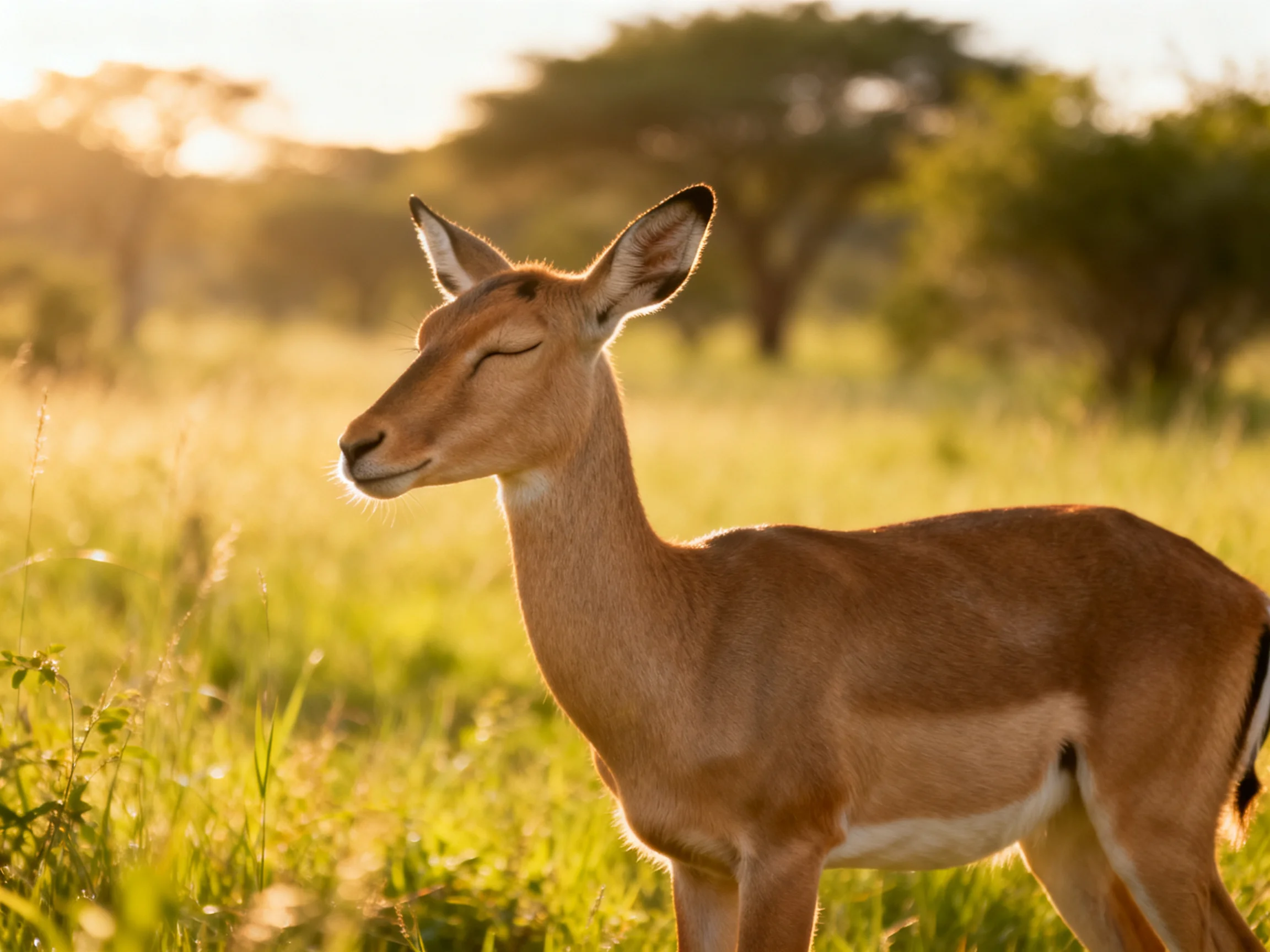 A serene impala in golden savannah grassland with distant trees