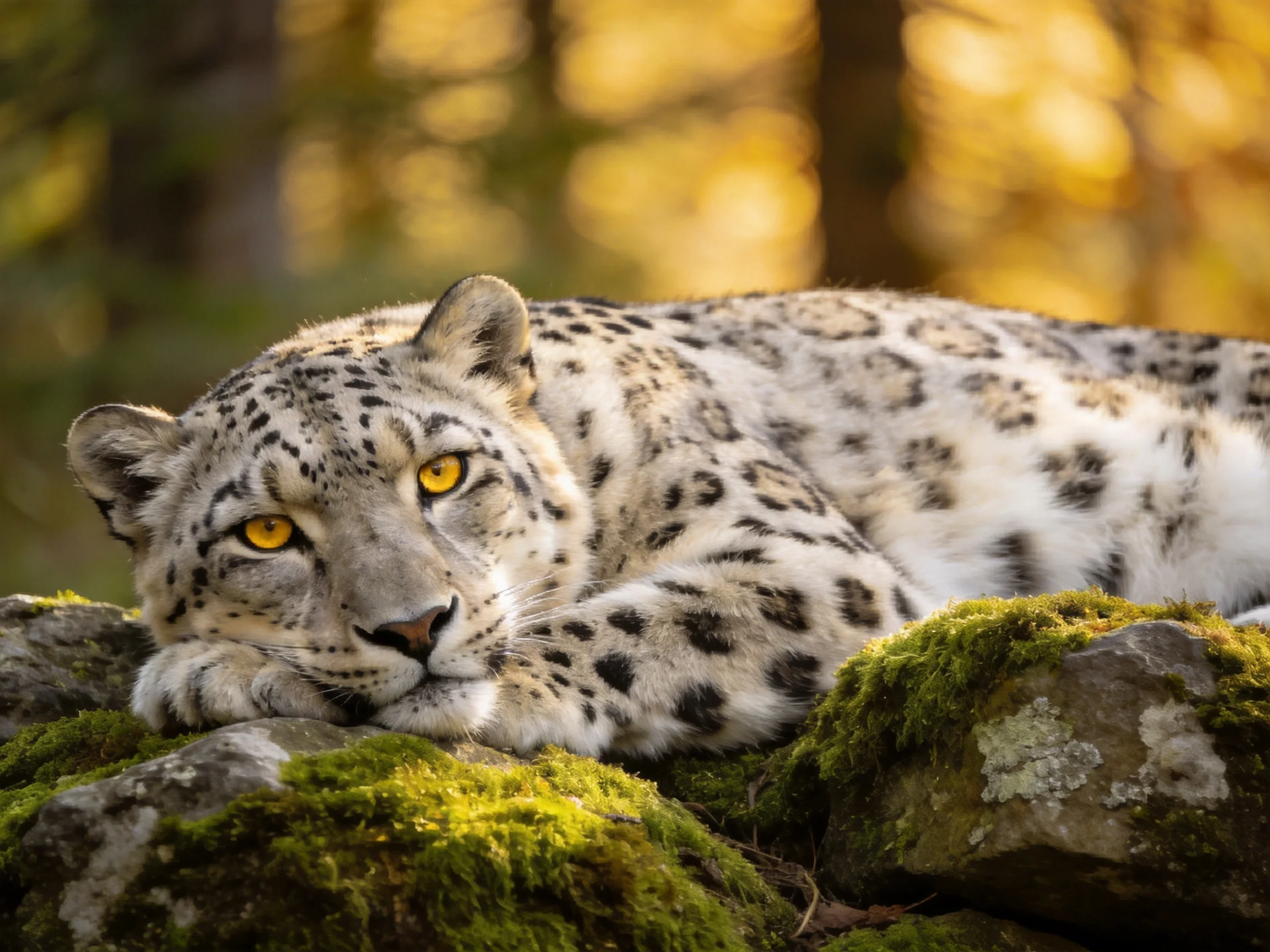 A serene snow leopard rests on moss-covered rocks amid golden forest light