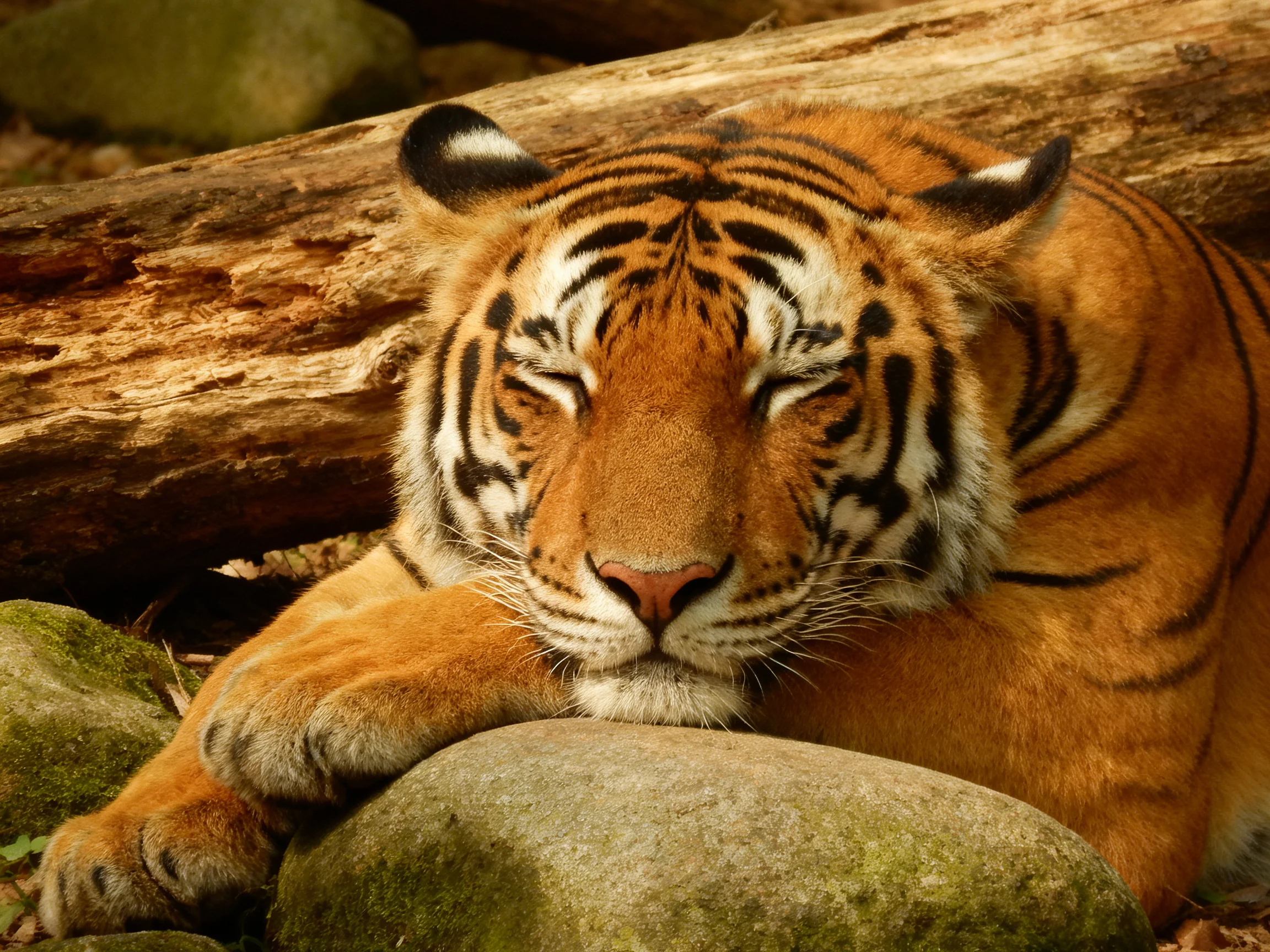 A serene tiger rests near mossy rocks and an aged log