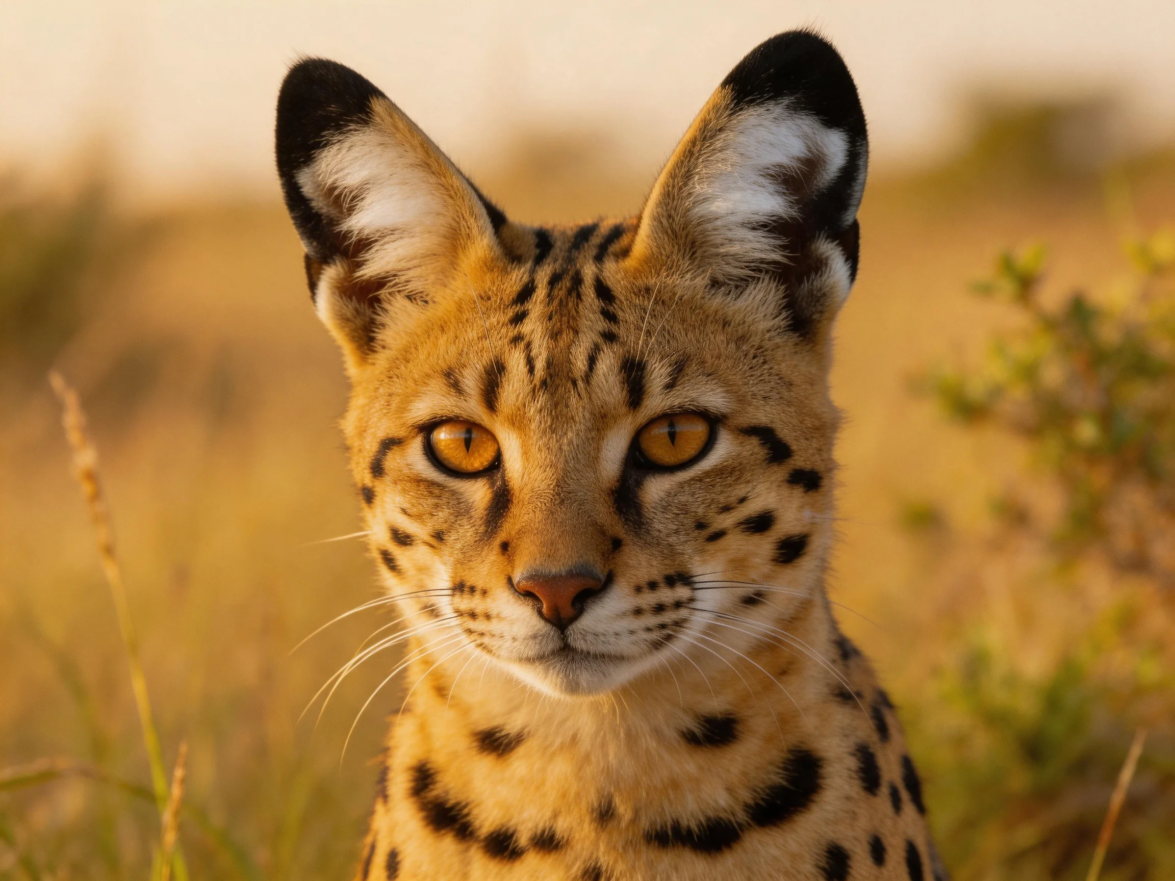 A serval cat gazes directly at the camera in golden savannah.