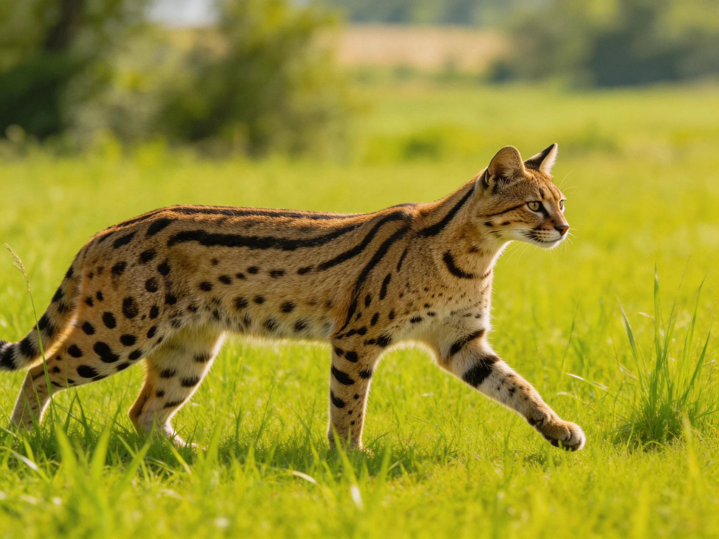 A serval with brown and black patterns walks through a sunlit green meadow