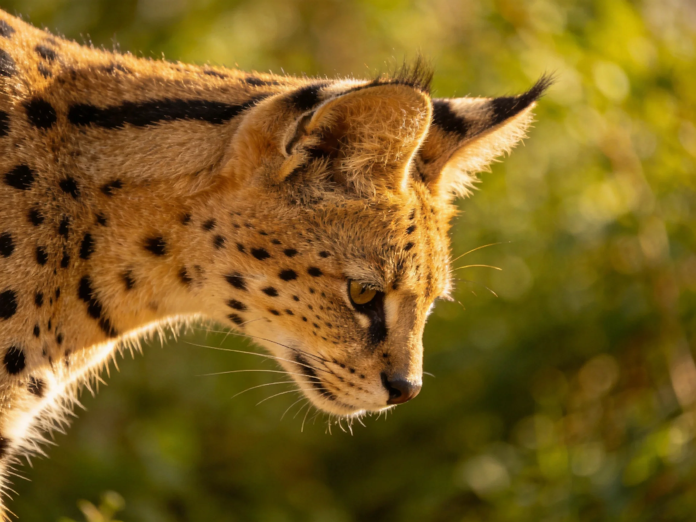 A serval with tan fur and black spots in a sunlit setting