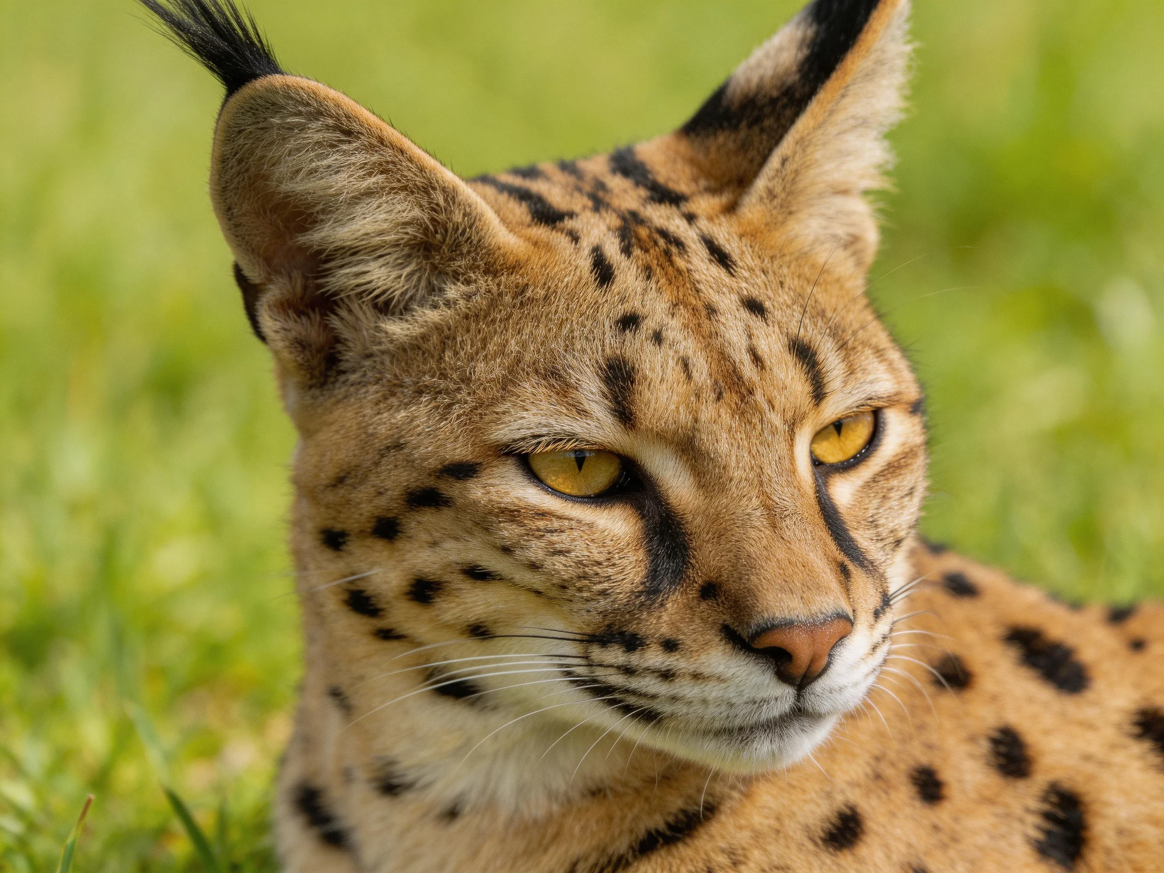 A serval with tan fur and black spots rests in green grass