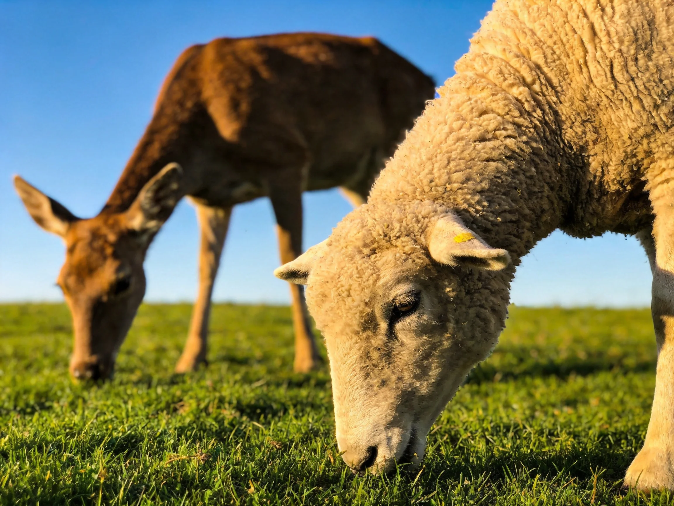A sheep and a brown deer graze on lush green grass under a clear blue sky.
