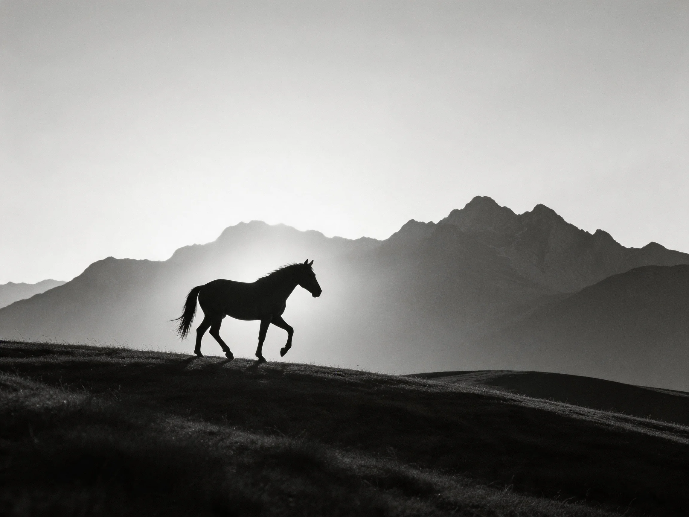 A silhouetted horse gallops near misty mountain peaks in a monochrome landscape.