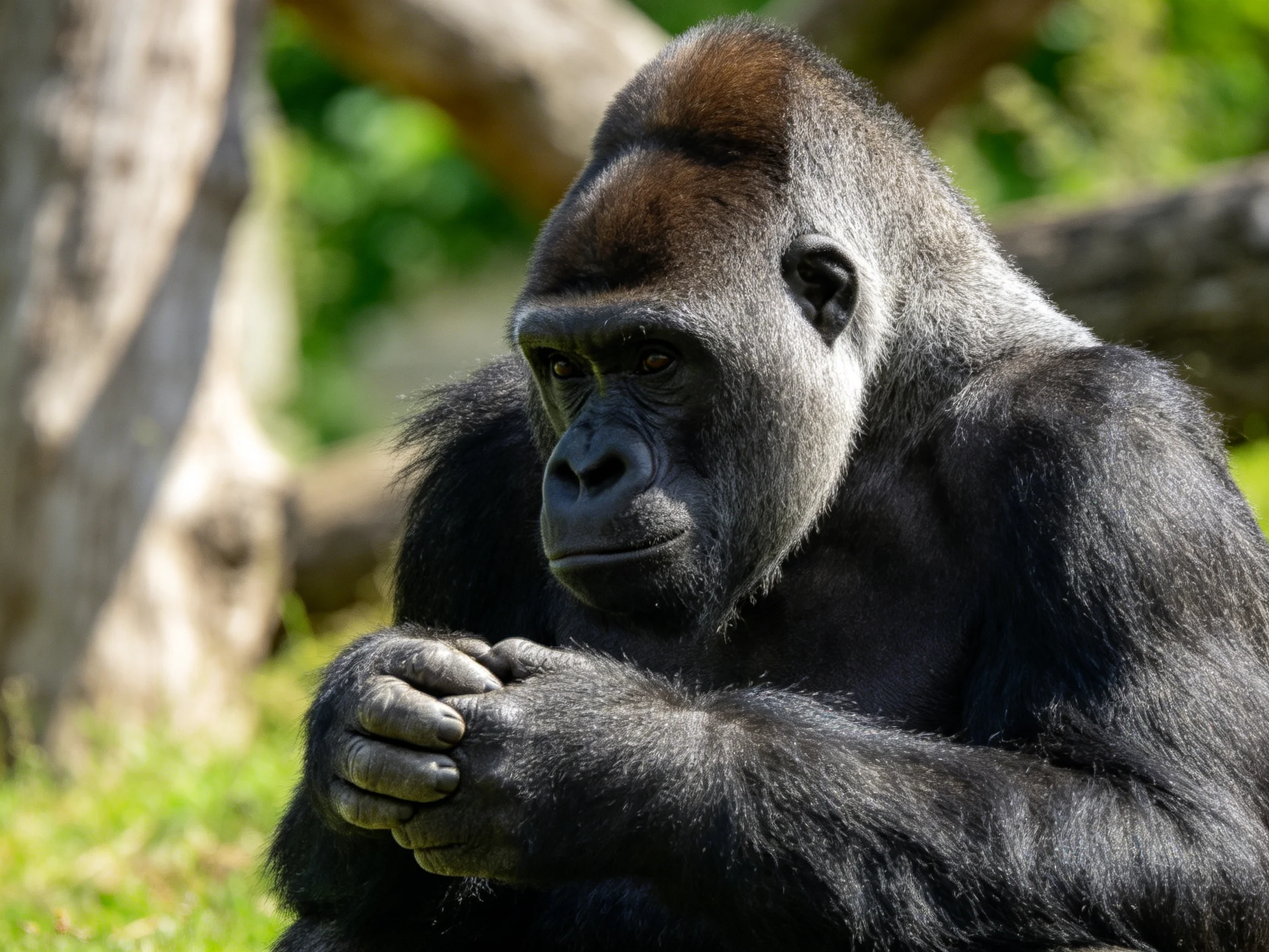 A silver-faced gorilla sits among greenery and tree trunks