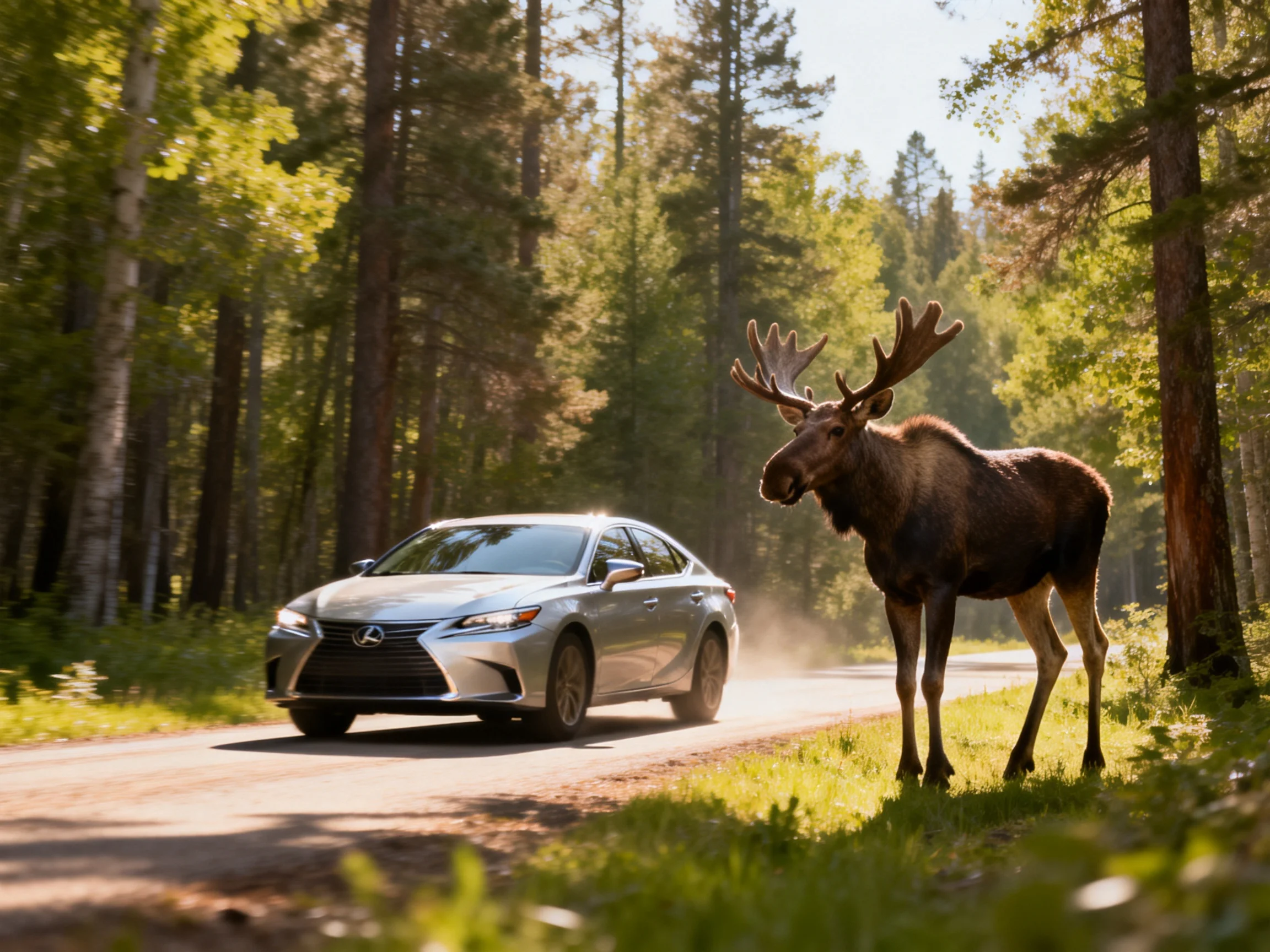 A silver sedan nears a large brown moose on a sunlit forest road.