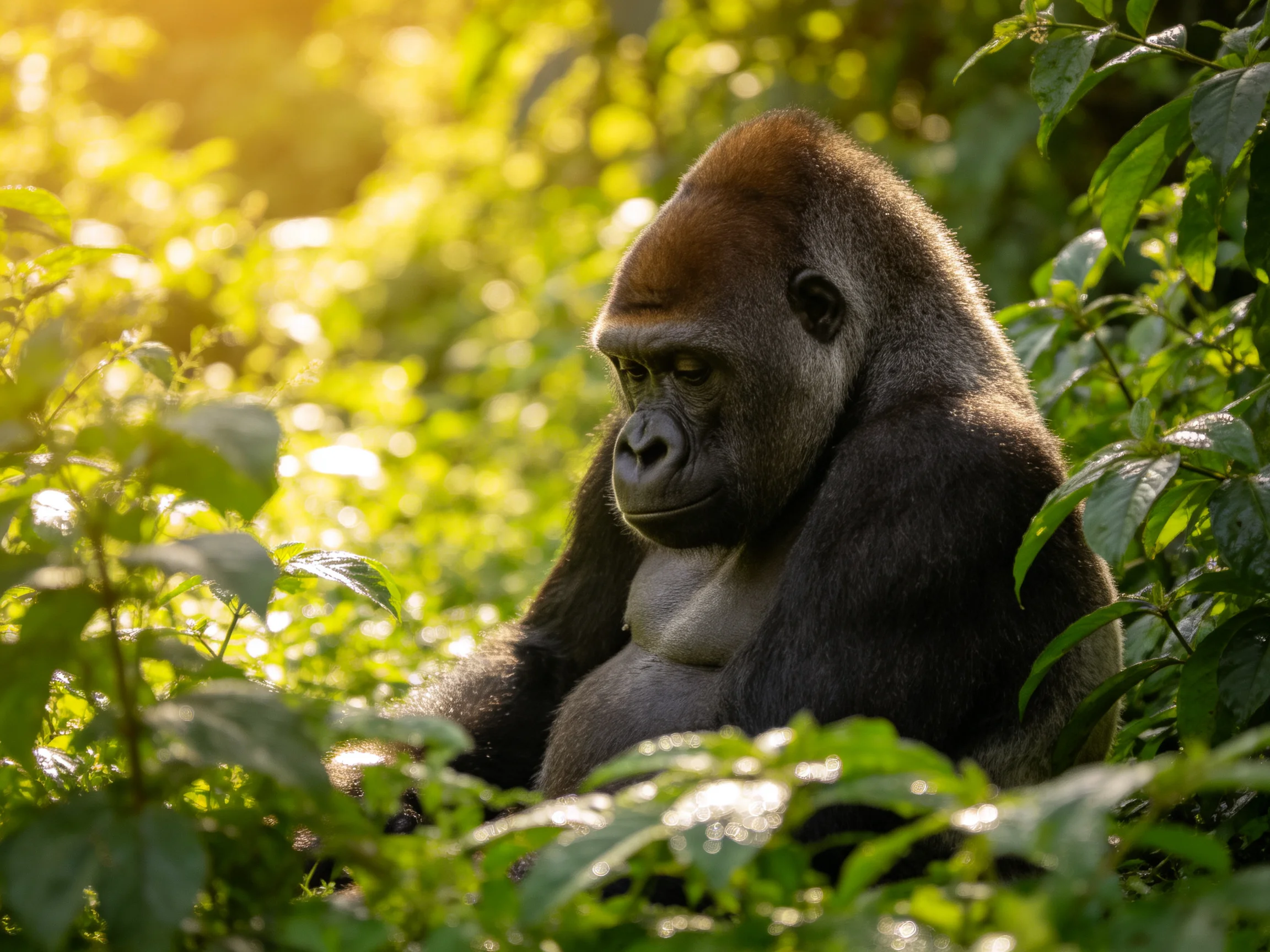 A silverback gorilla amidst lush greenery bathed in golden sunlight