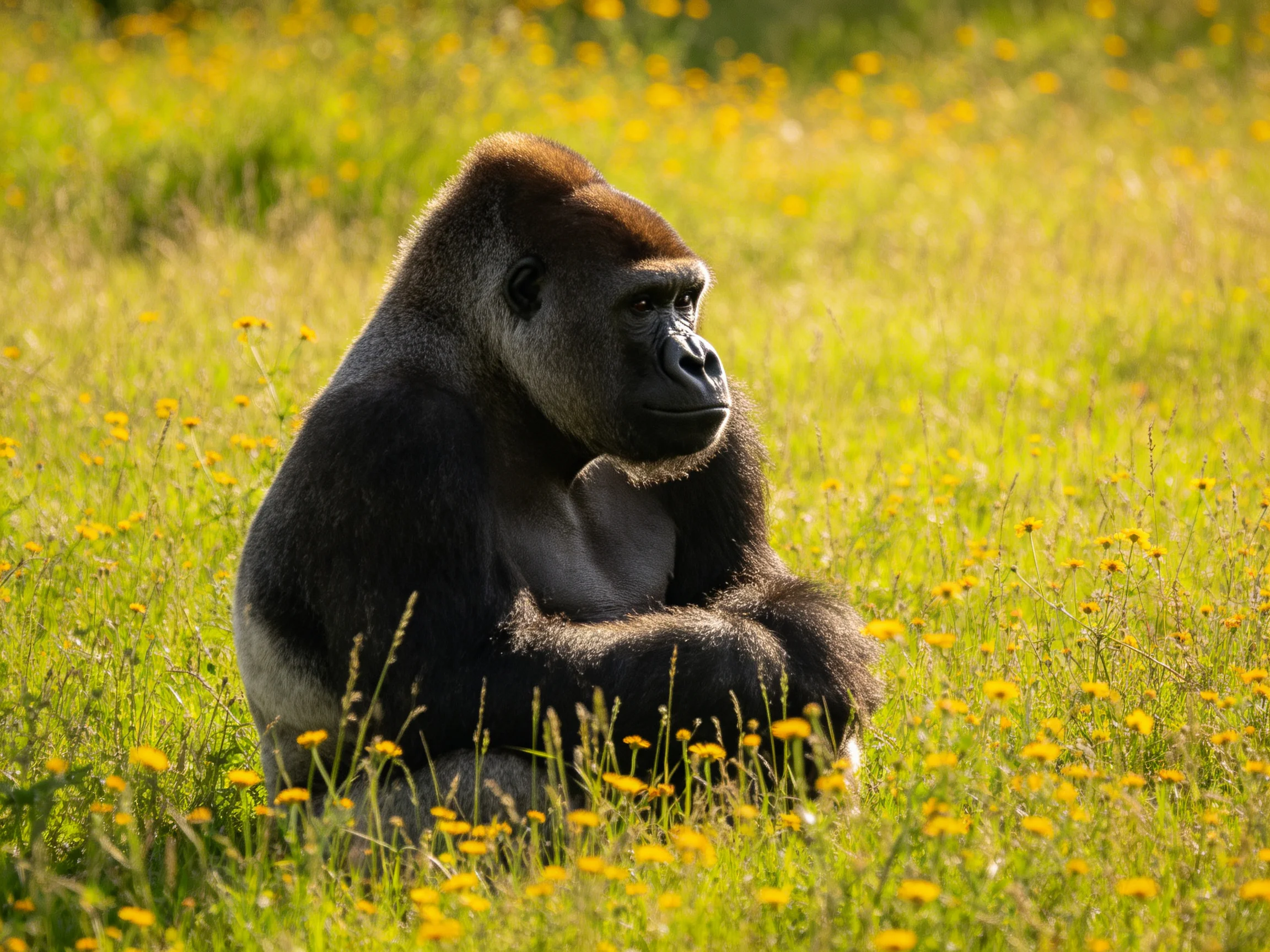 A silverback gorilla sits calmly in a sunlit meadow with yellow wildflowers.