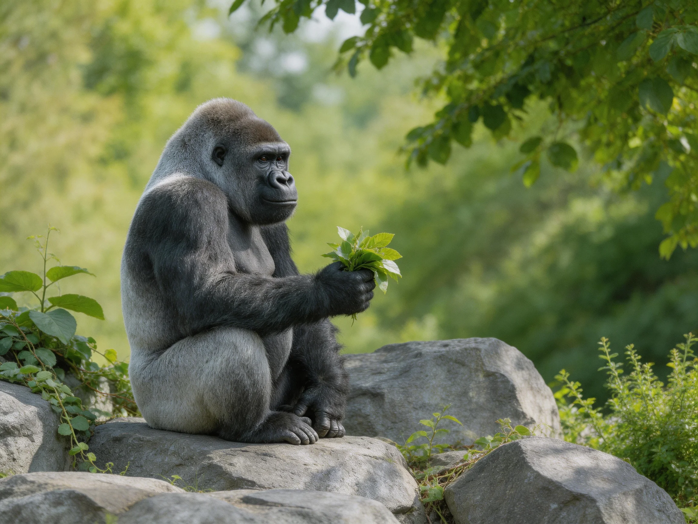 A silverback gorilla sits on rocks while holding green foliage.