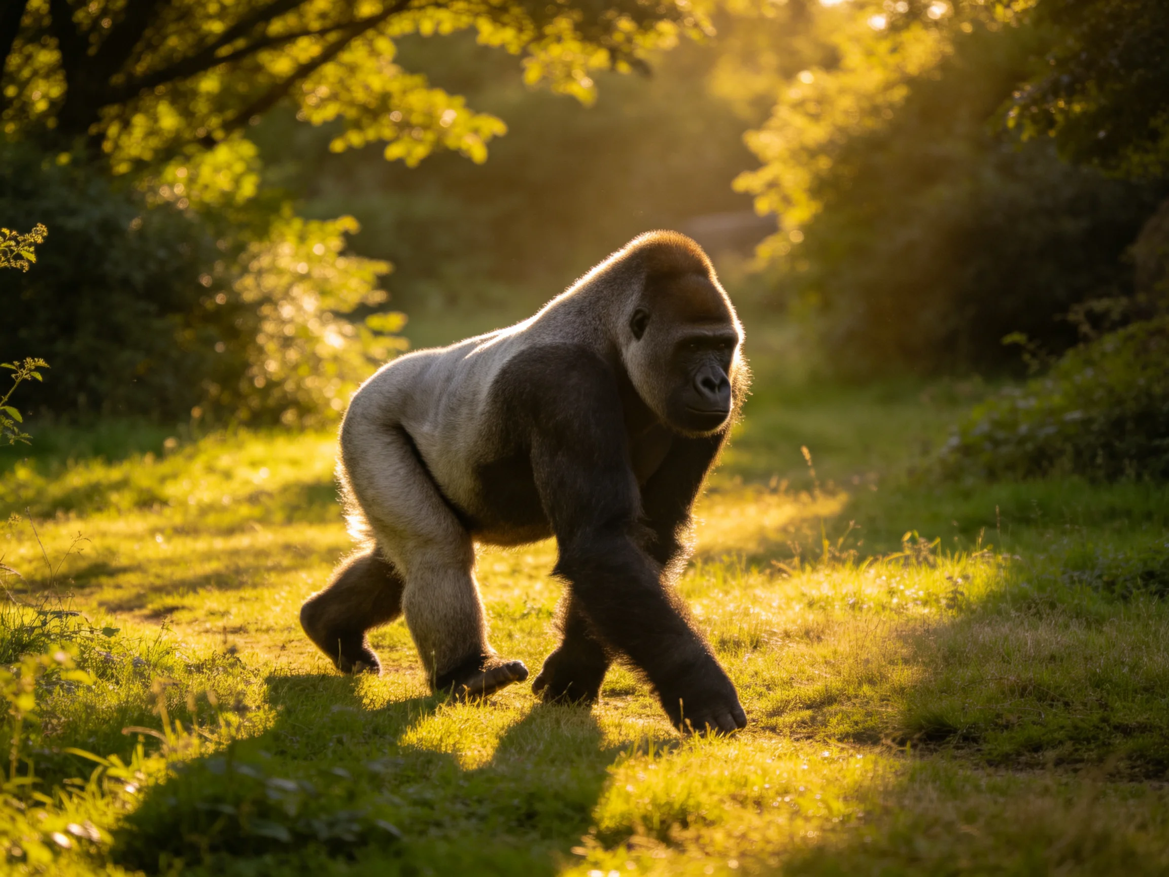 A silverback gorilla traverses a sun-drenched, grassy forest clearing