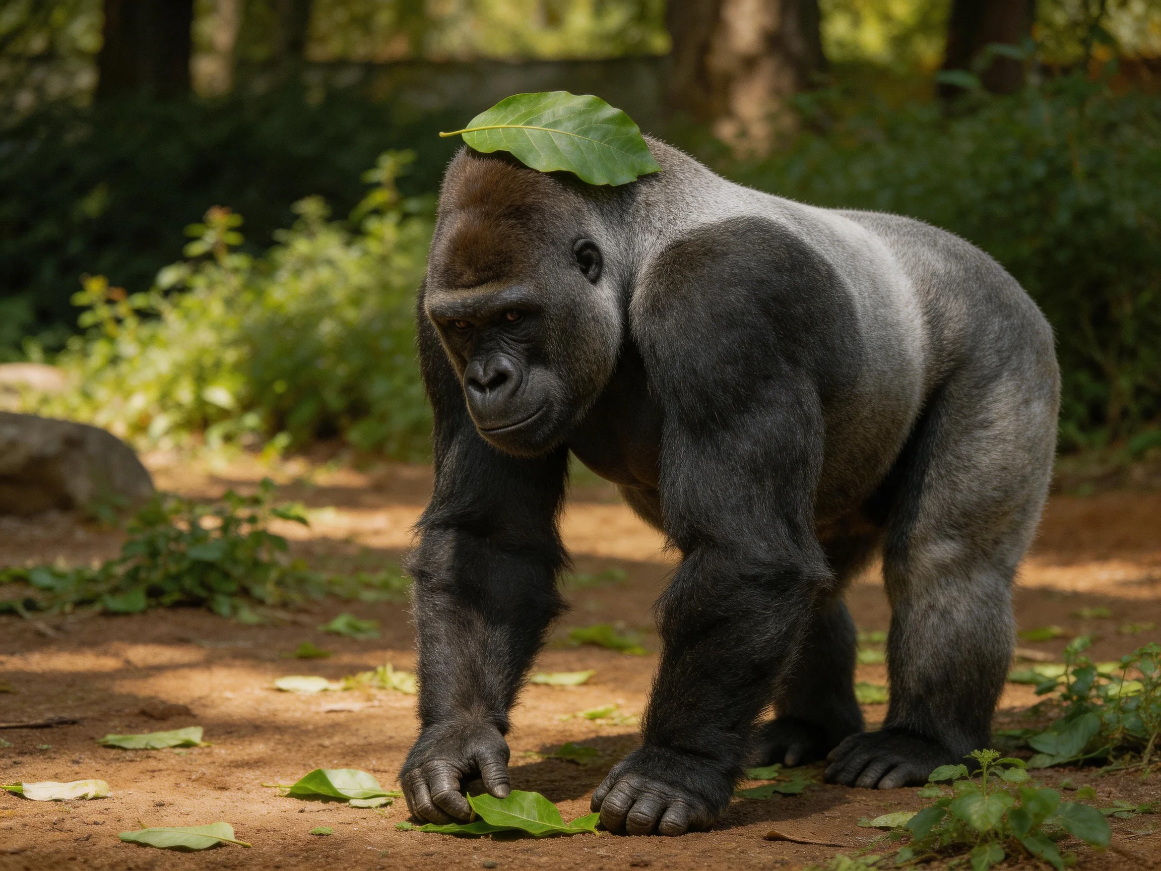 A silverback gorilla with a green leaf on its head in a sun-dappled forest enclosure.