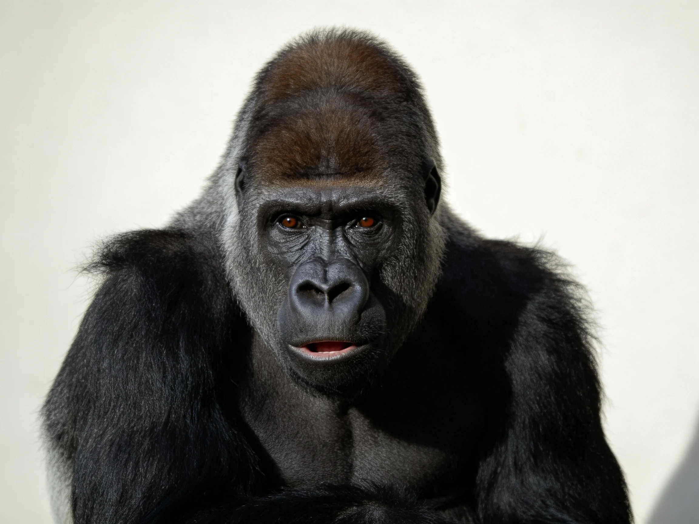 A silverback gorilla sits calmly against a plain backdrop.
