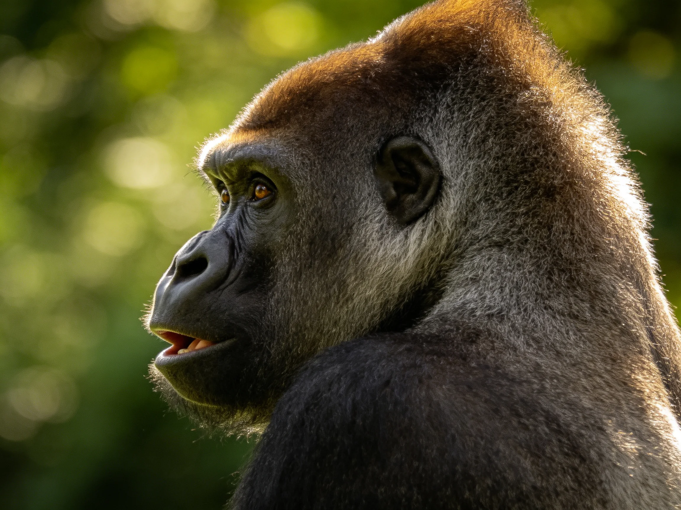 A silverback gorilla’s profile against a lush green forest backdrop