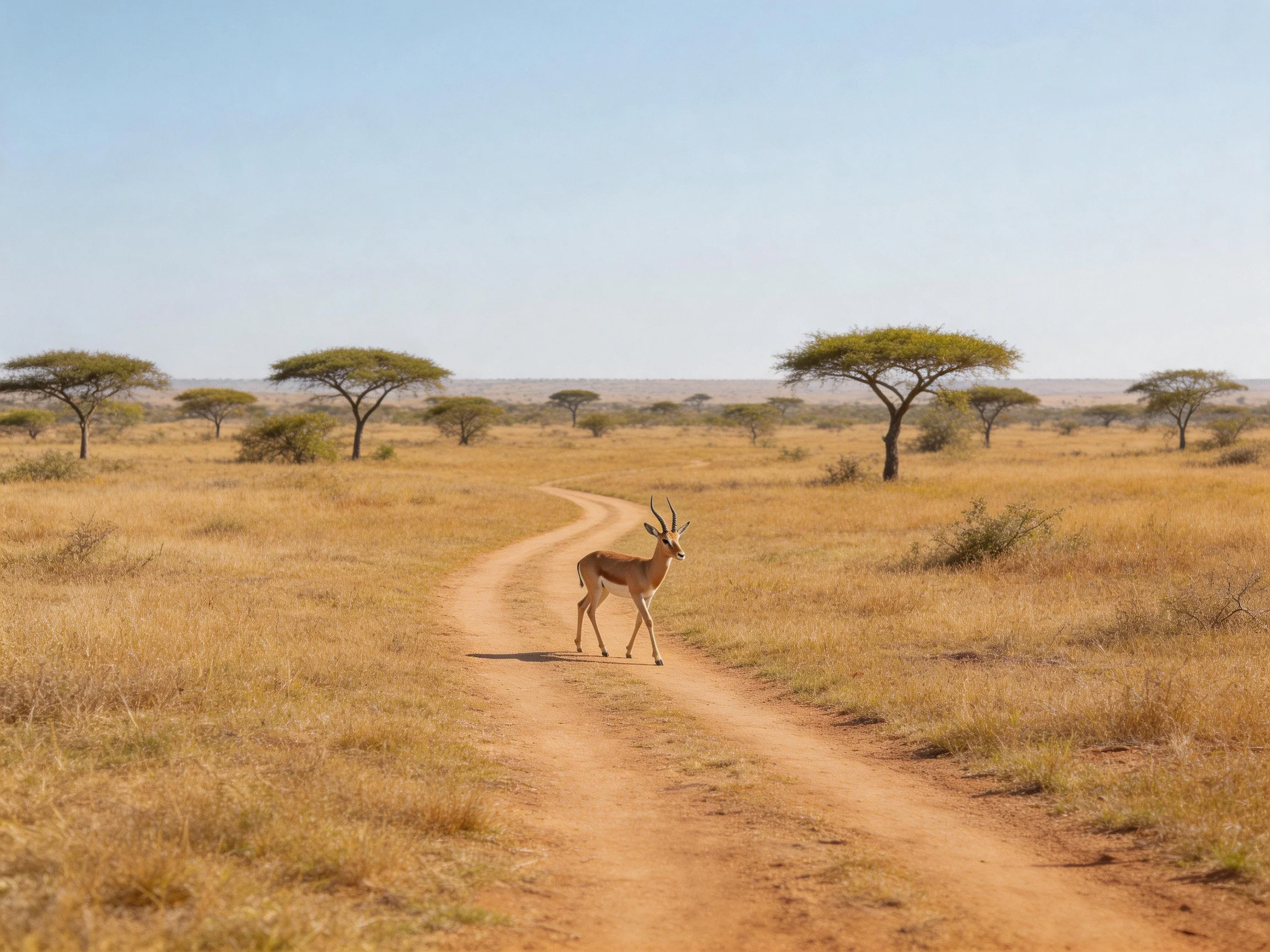 A single antelope crosses a dusty savannah dirt path