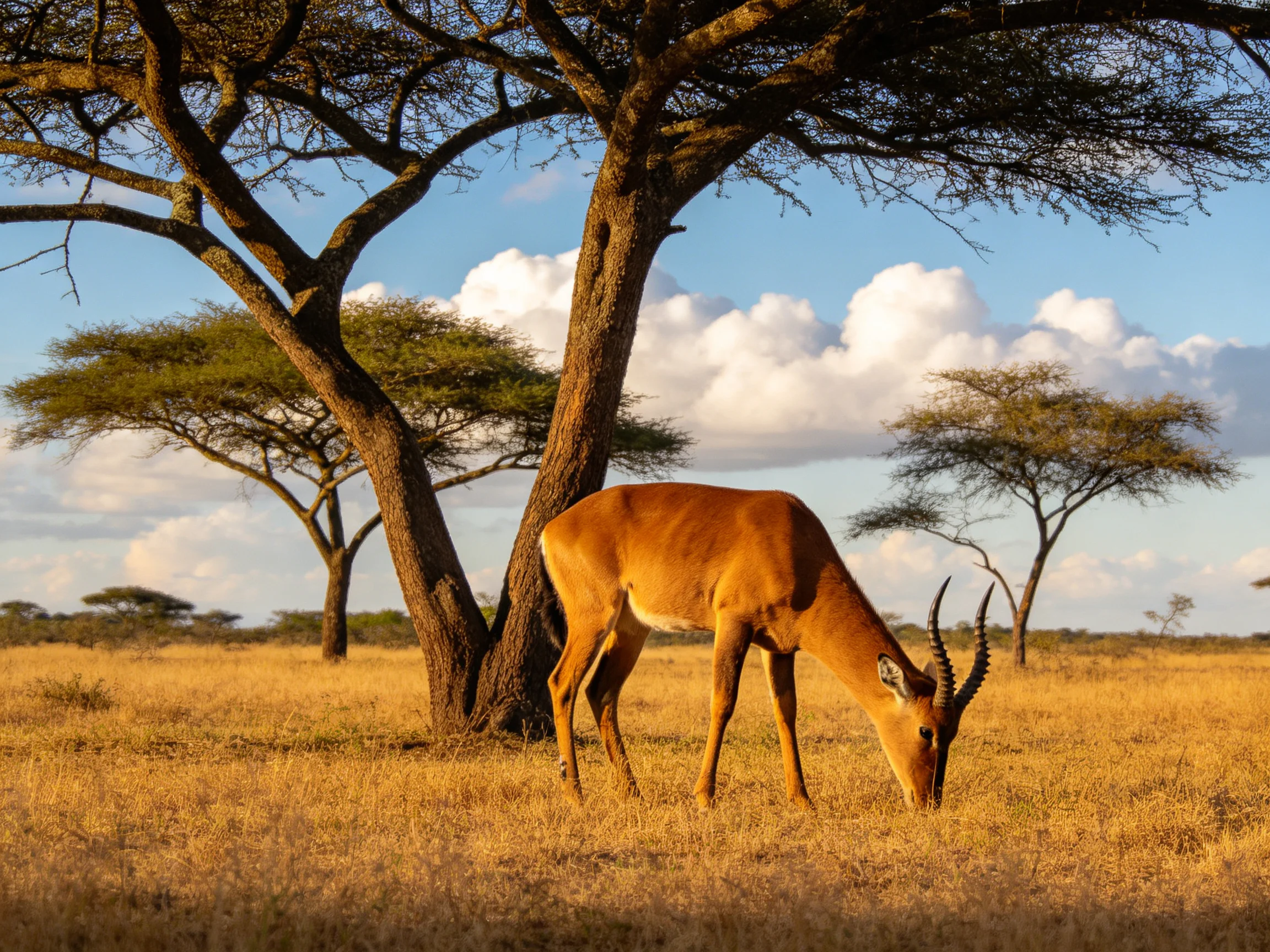 A single antelope grazes beneath acacia trees in golden savannah