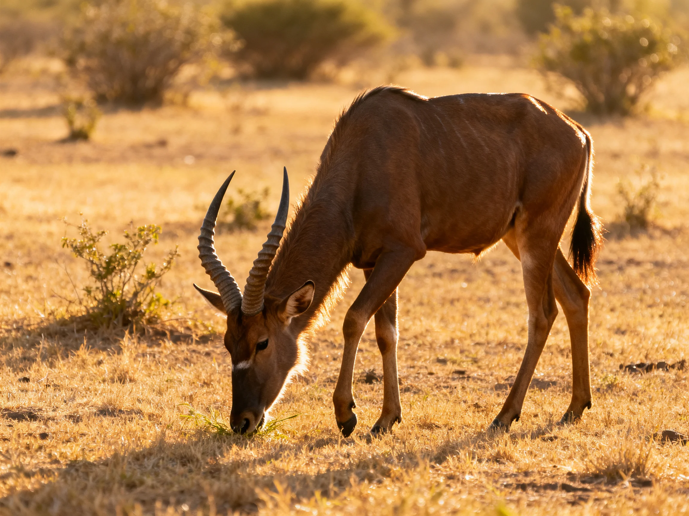 A single antelope grazes in a sunlit savannah landscape