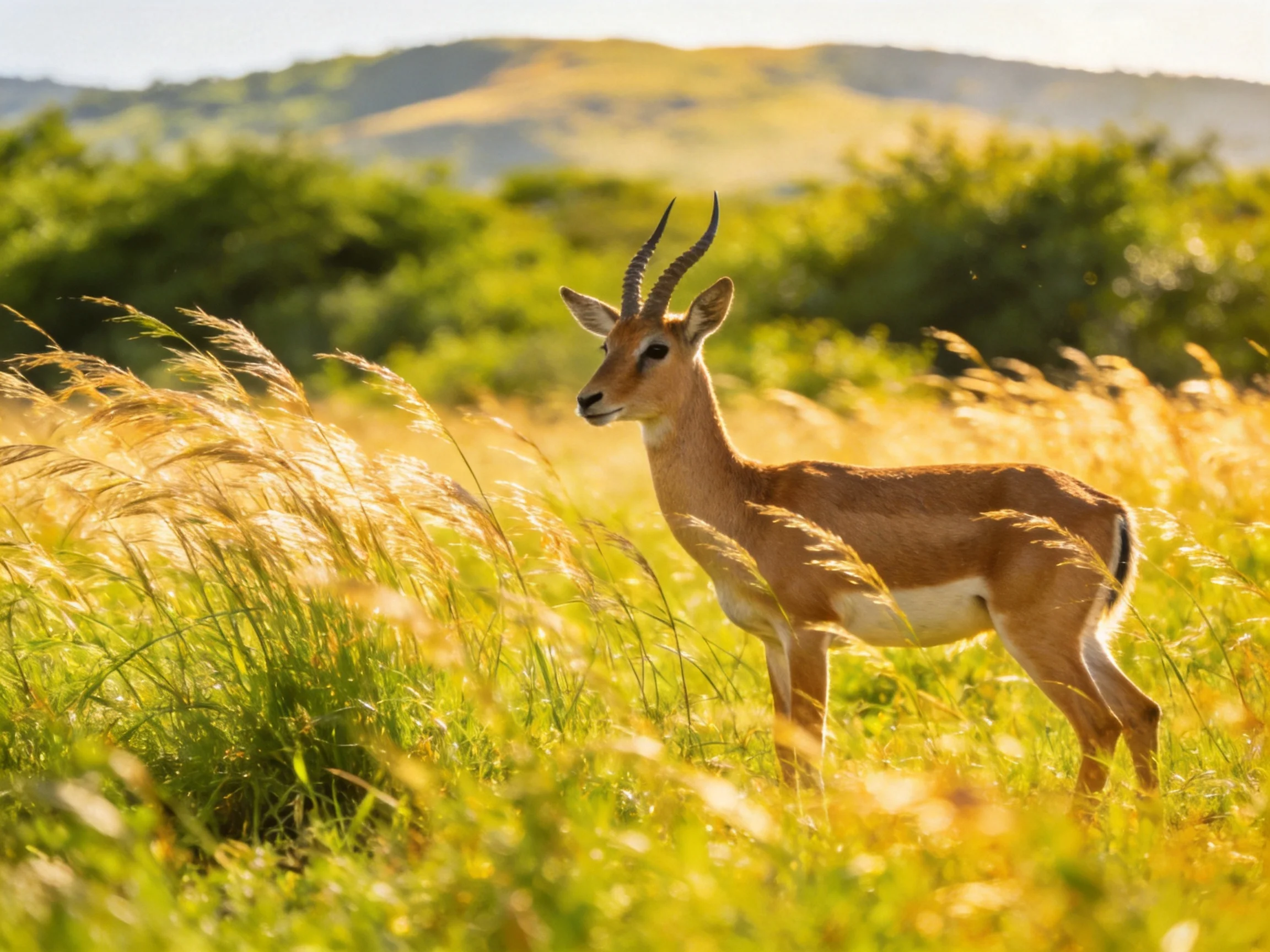 A single antelope in golden grasses of a sunlit savannah