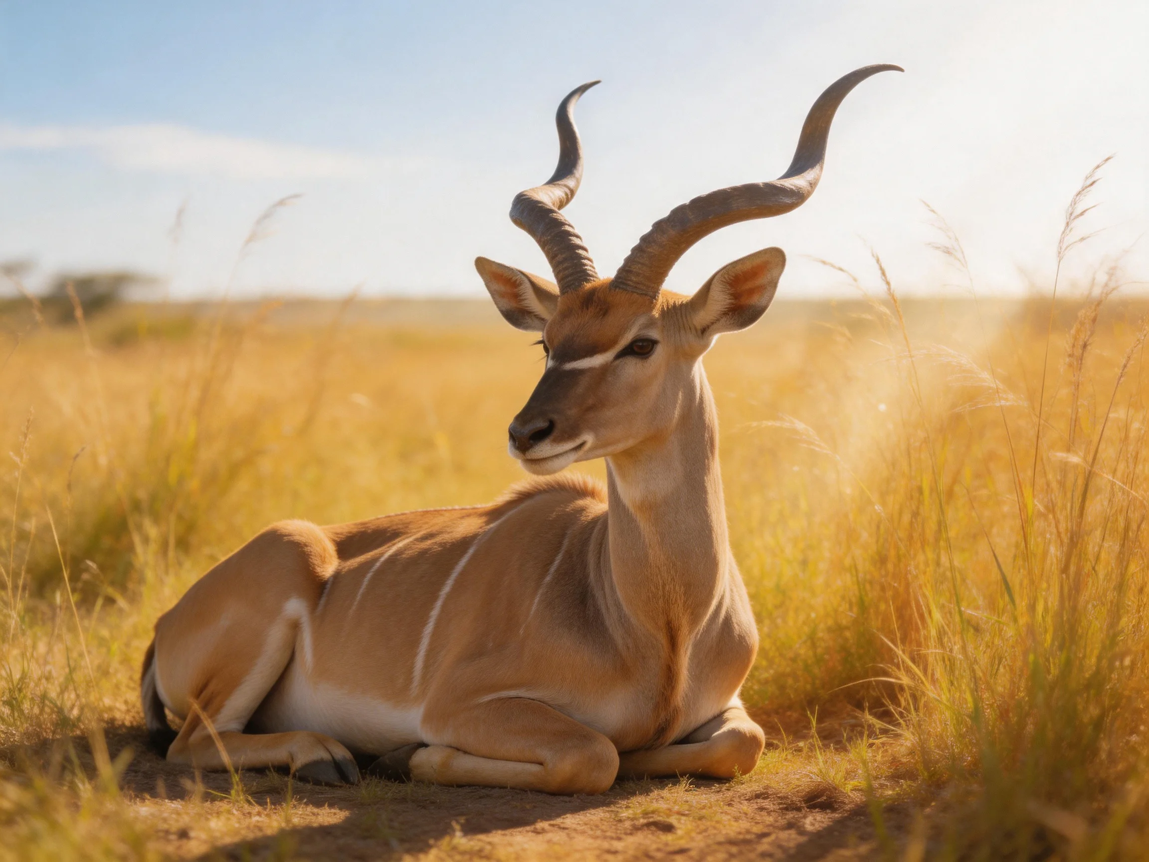 A single antelope rests amid golden savannah grasses under bright sunlight