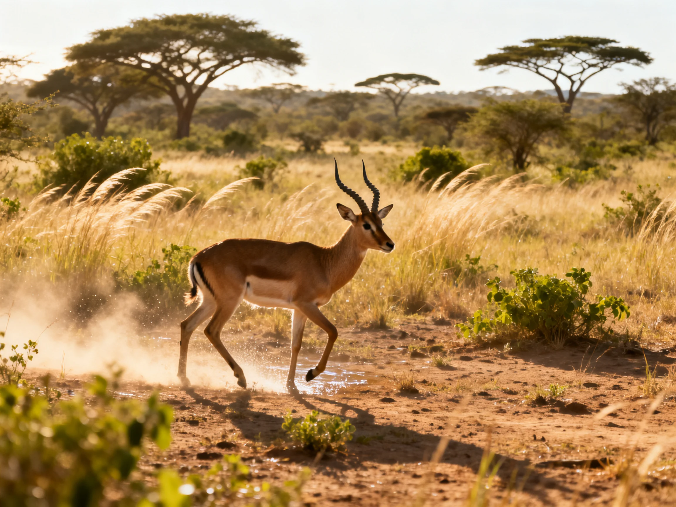 A single antelope runs through dusty savannah with acacia trees