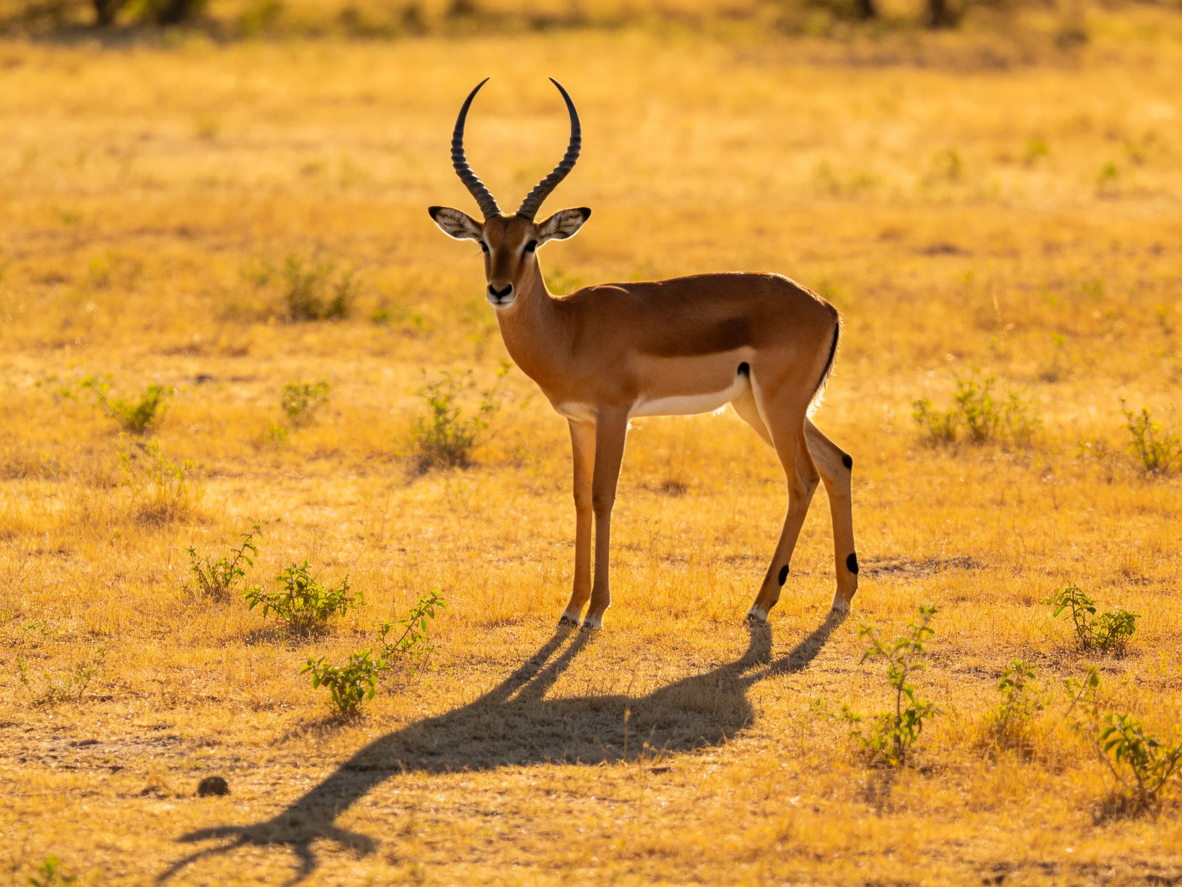 A single antelope stands in a golden savannah landscape
