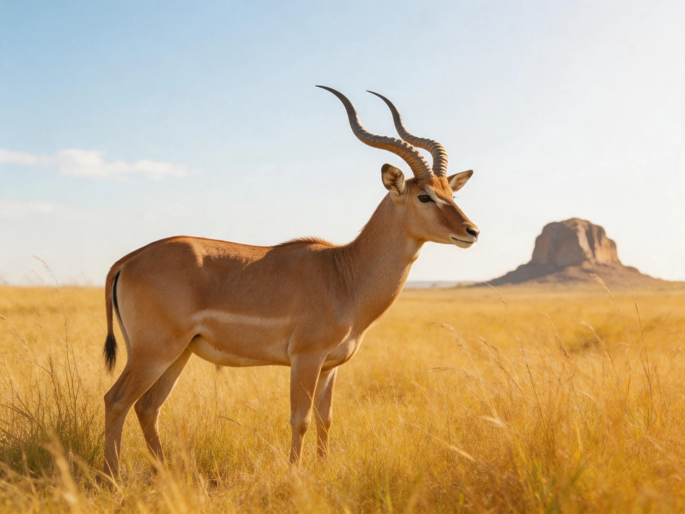 A single antelope stands in golden savannah near a rock formation