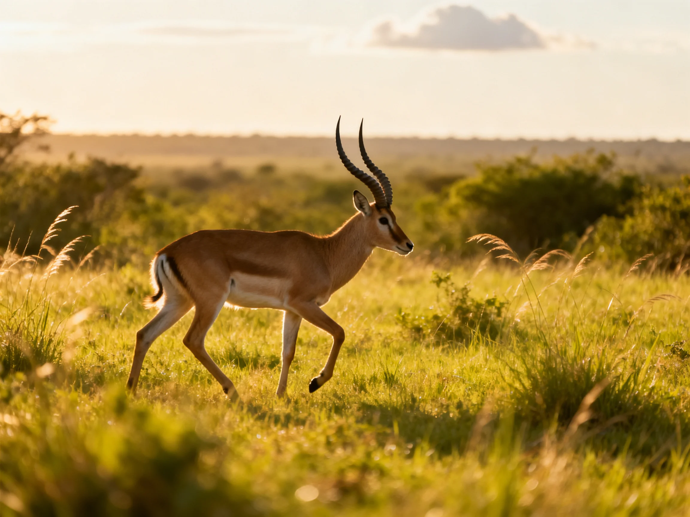 An antelope with long horns traverses tall grass in a sunlit savannah.