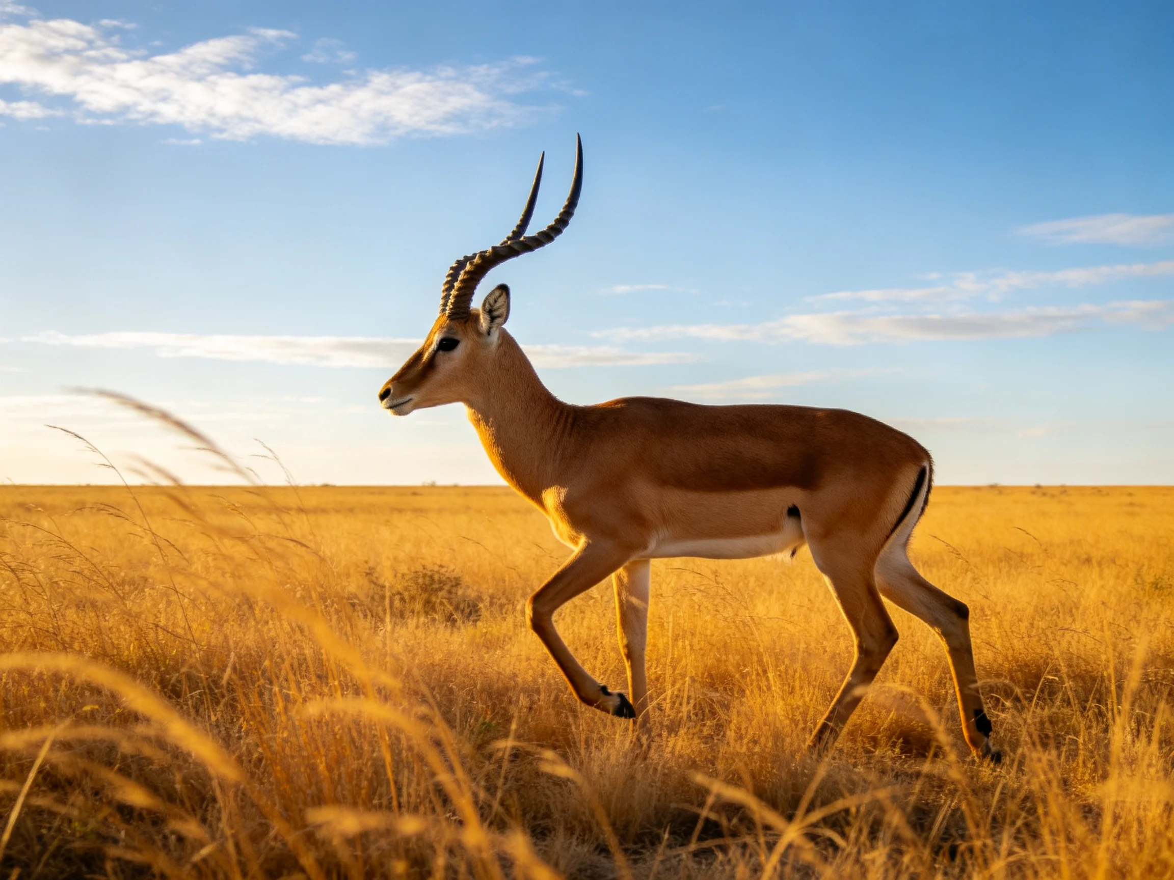 A single antelope with curved horns roams golden savannah grasslands